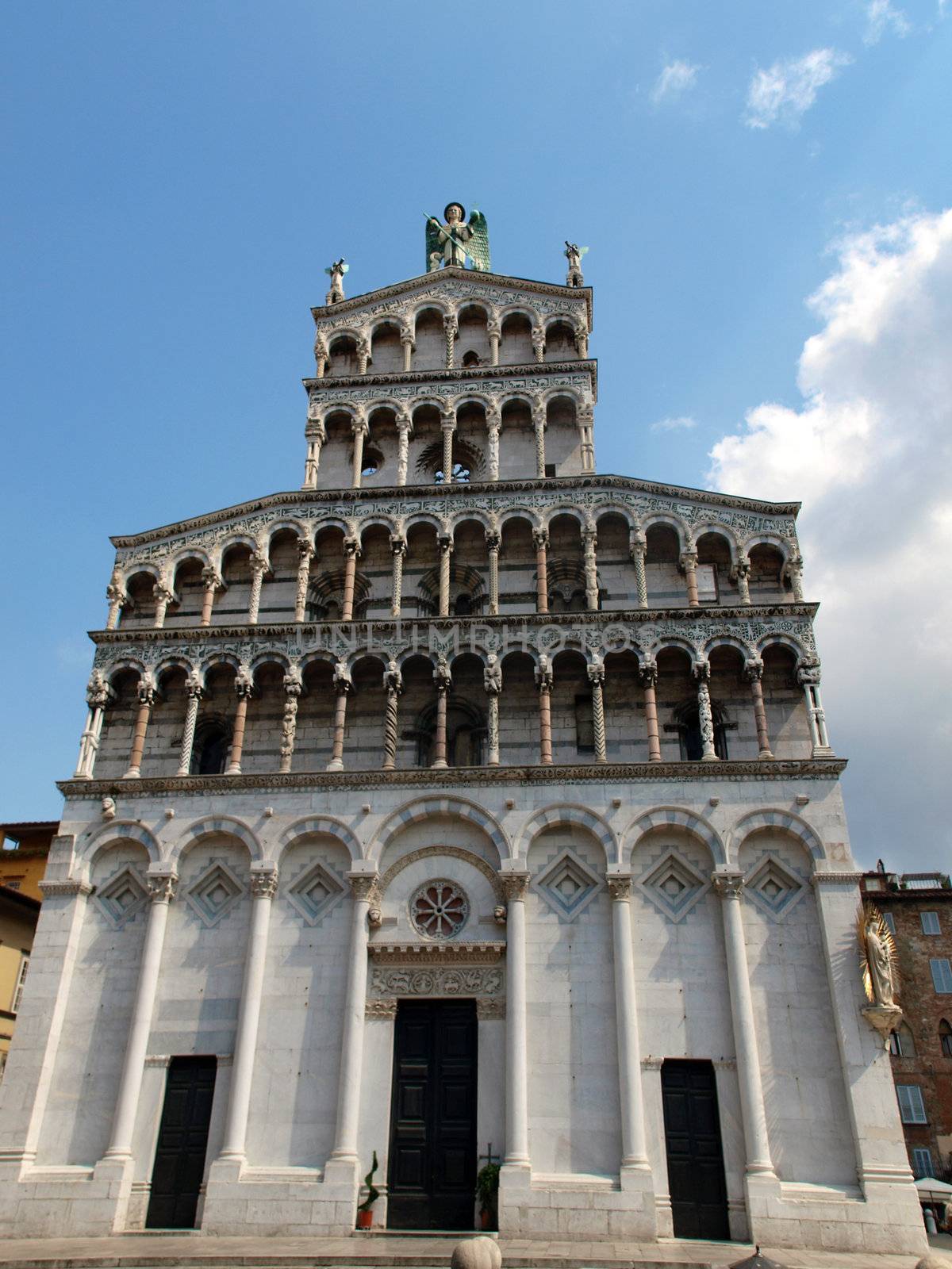 San Michele in Foro church - Lucca , Tuscany. San Michele in Foro is a Roman Catholic basilica church in Lucca. It was built over the former Roman forum. It is dedicated to Archangel Michael.