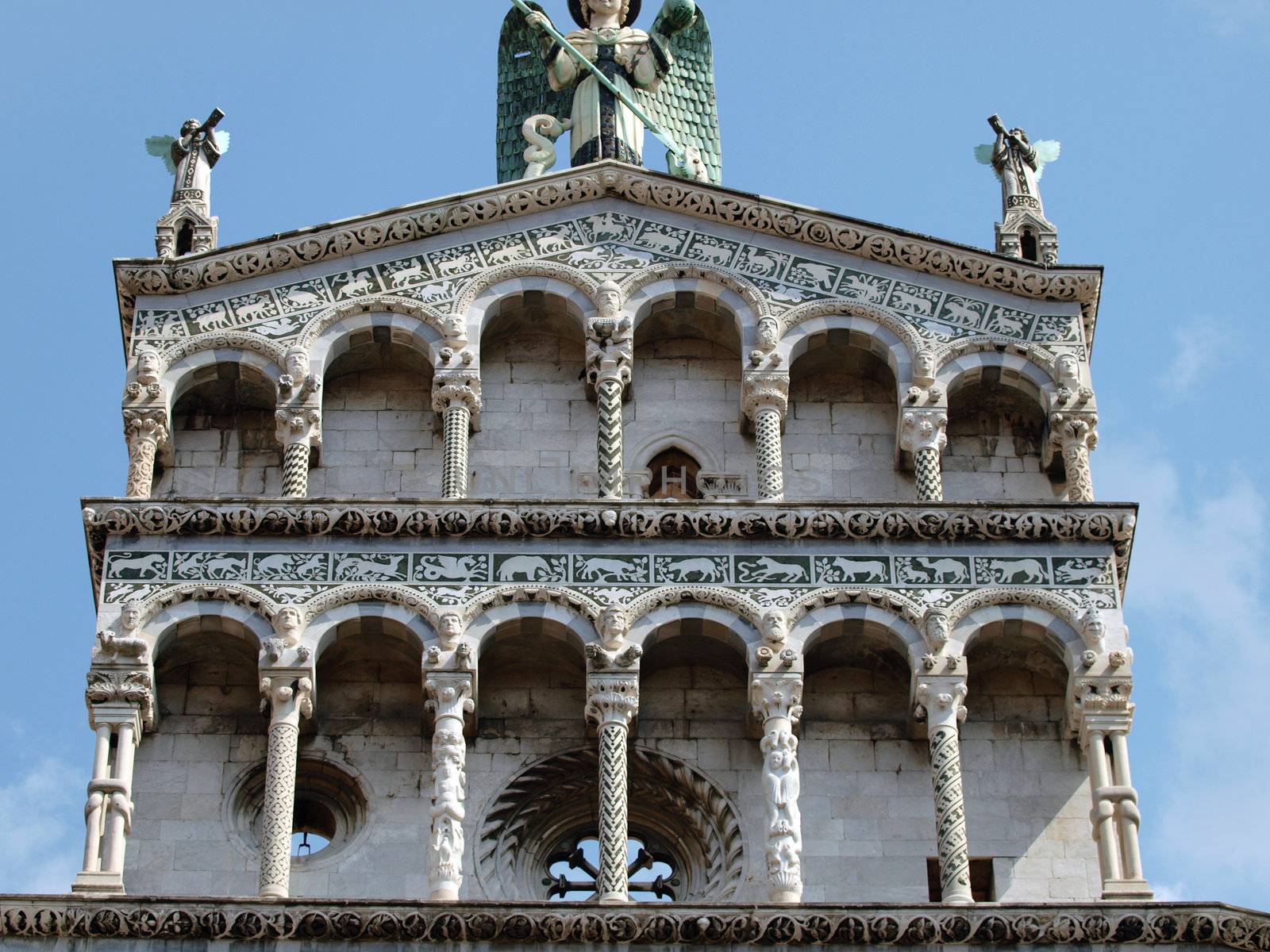 San Michele in Foro church - Lucca , Tuscany. San Michele in Foro is a Roman Catholic basilica church in Lucca. It was built over the former Roman forum. It is dedicated to Archangel Michael.