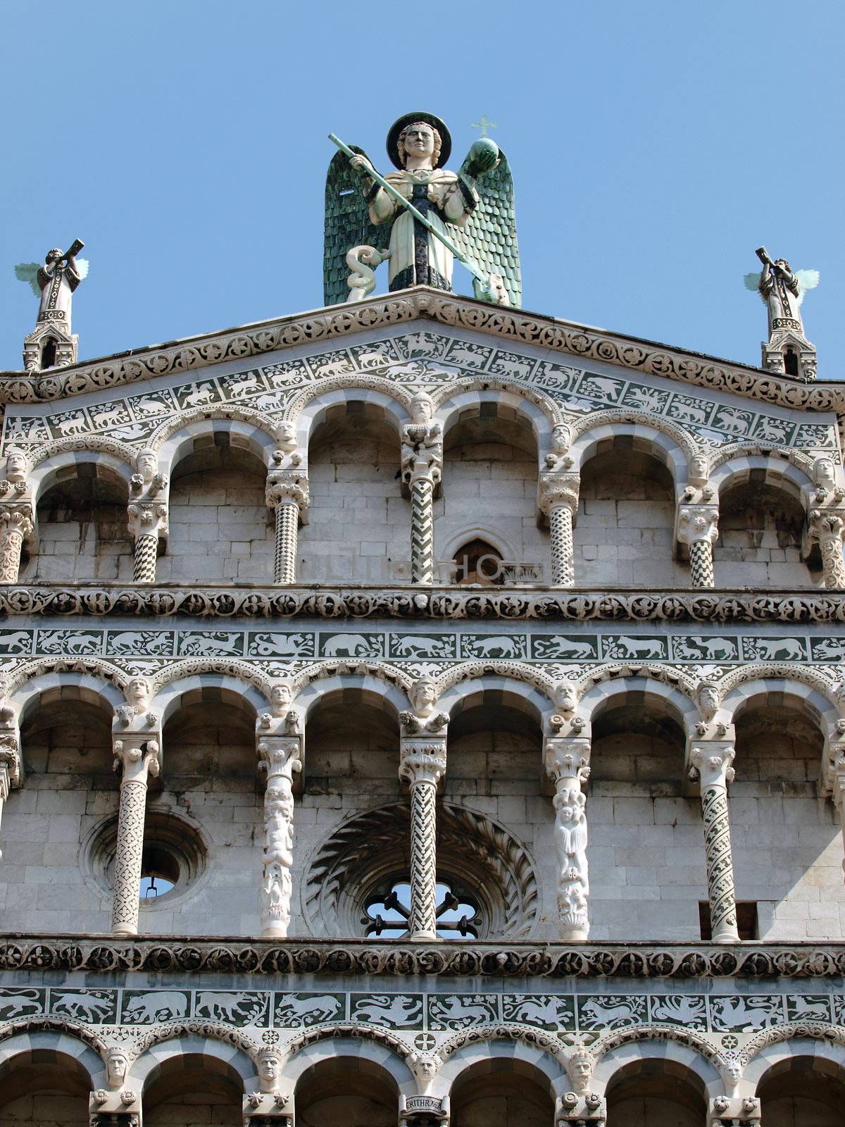 San Michele in Foro church - Lucca , Tuscany. San Michele in Foro is a Roman Catholic basilica church in Lucca. It was built over the former Roman forum. It is dedicated to Archangel Michael.