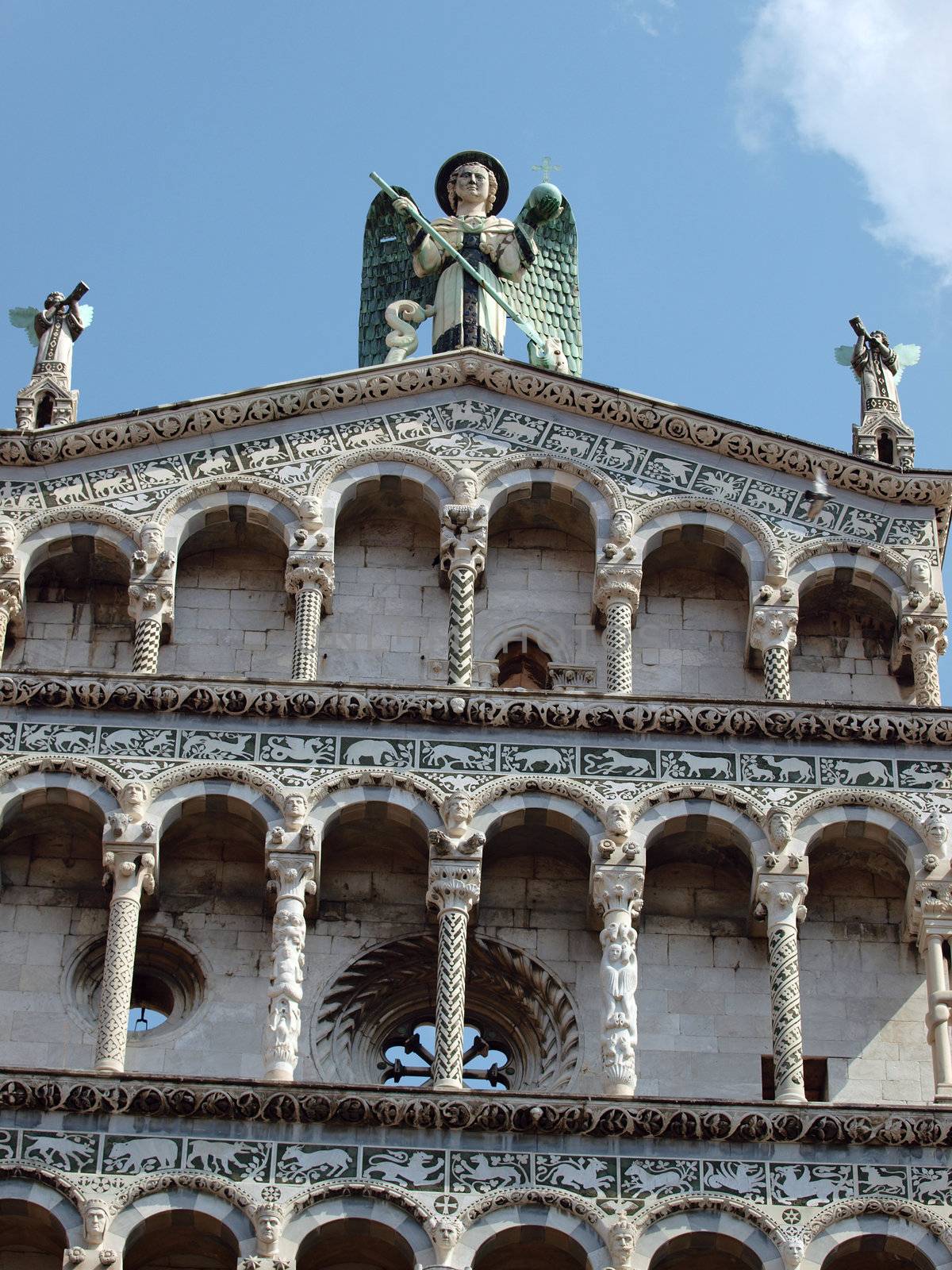 San Michele in Foro church - Lucca , Tuscany. San Michele in Foro is a Roman Catholic basilica church in Lucca. It was built over the former Roman forum. It is dedicated to Archangel Michael.