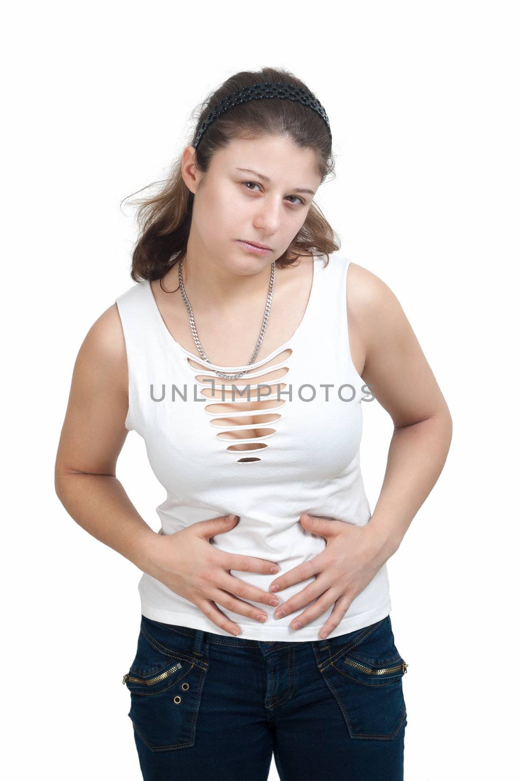 young brunette girl have bellyache - isolated on white background