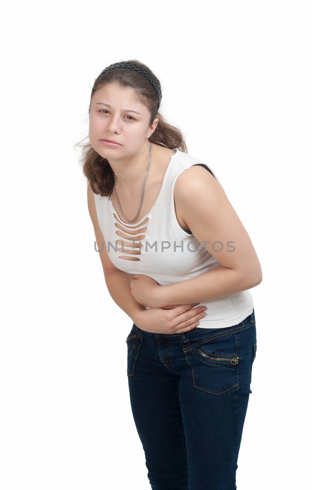 young brunette girl have bellyache - isolated on white background
