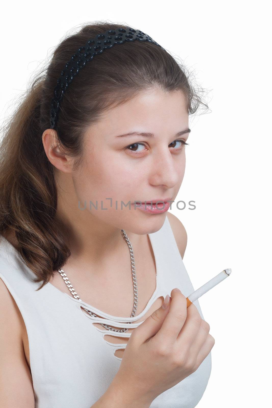 young brunette woman want to smoke a cigarette - isolated on white background