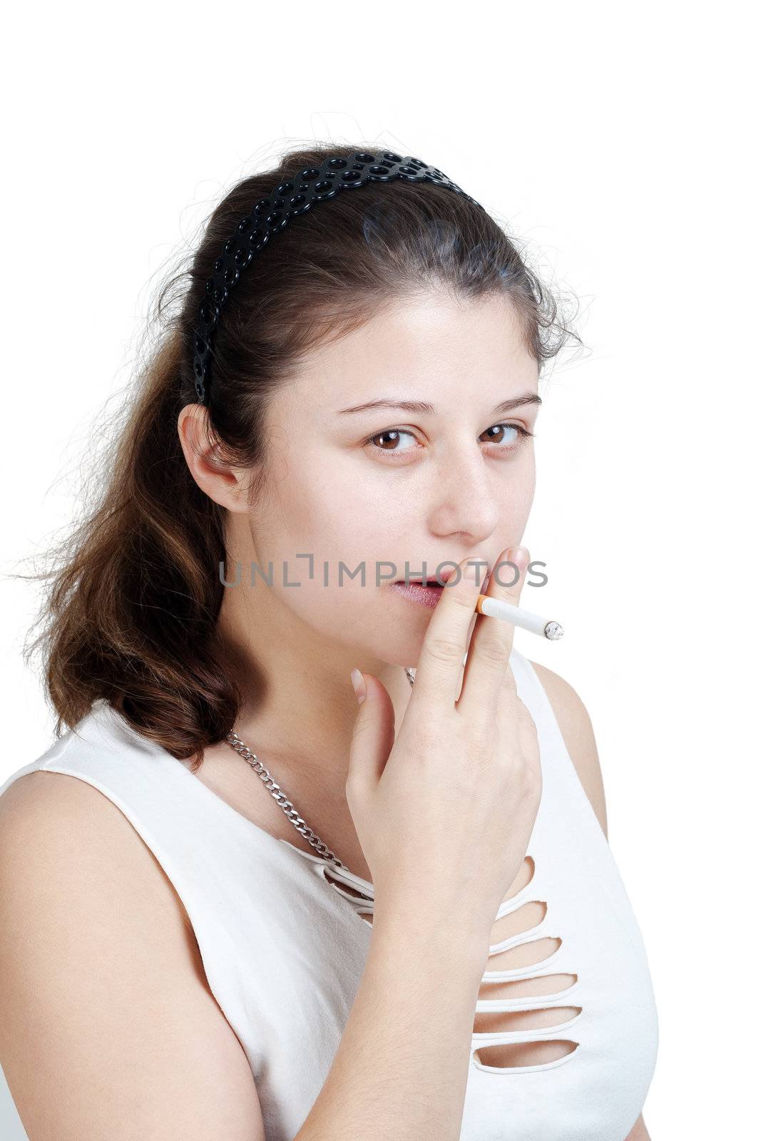 young brunette woman want to smoke a cigarette - isolated on white background