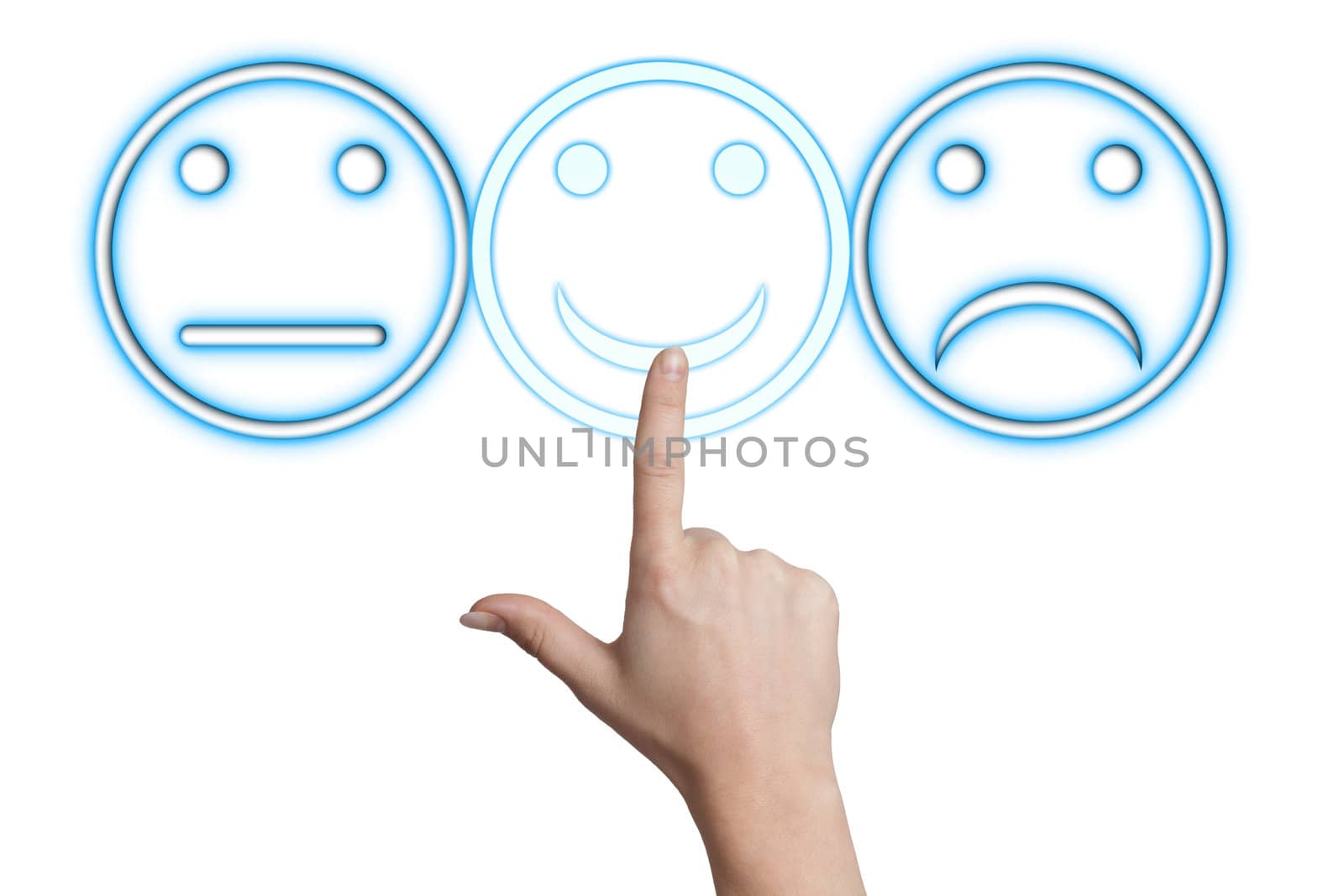 woman hand pointing to a smiling button on white background