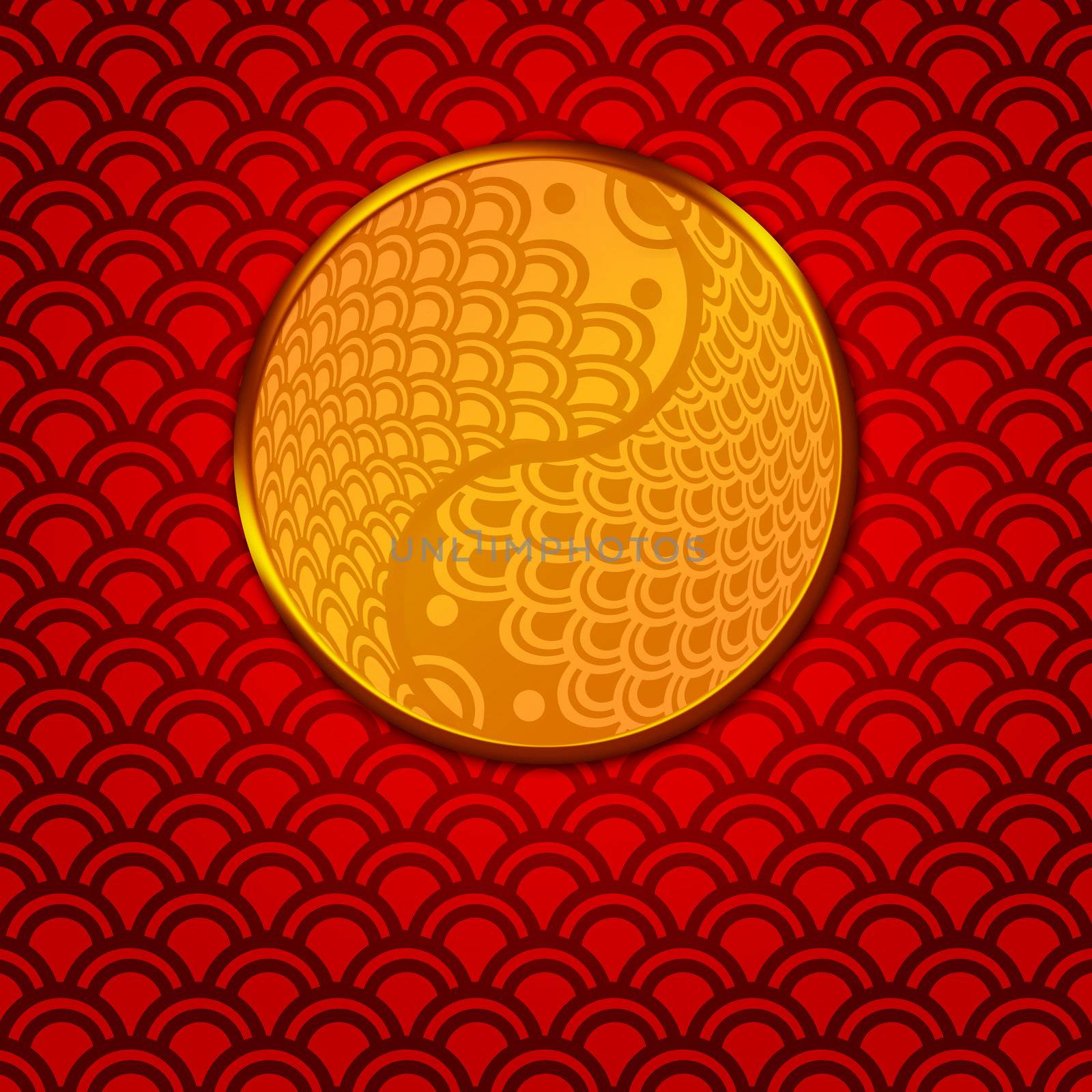 Chinese Pair of Fish in Yin Yang Circle on Red Background by jpldesigns