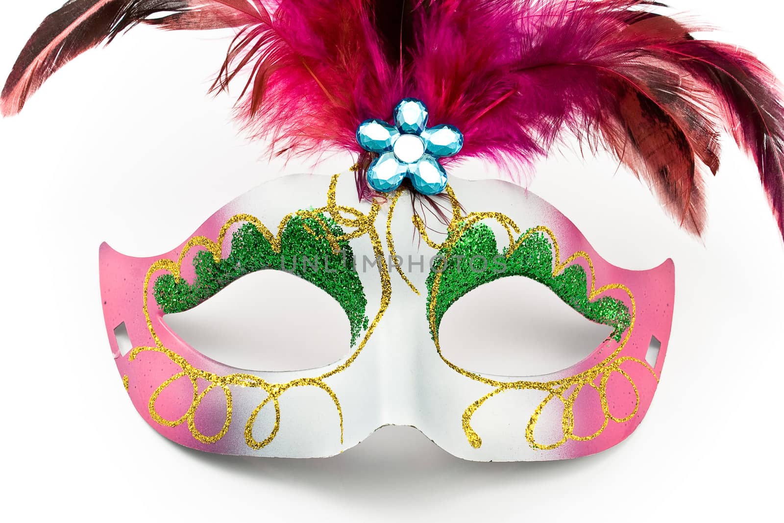 Carnival mask with feathers and diamond isolated on white