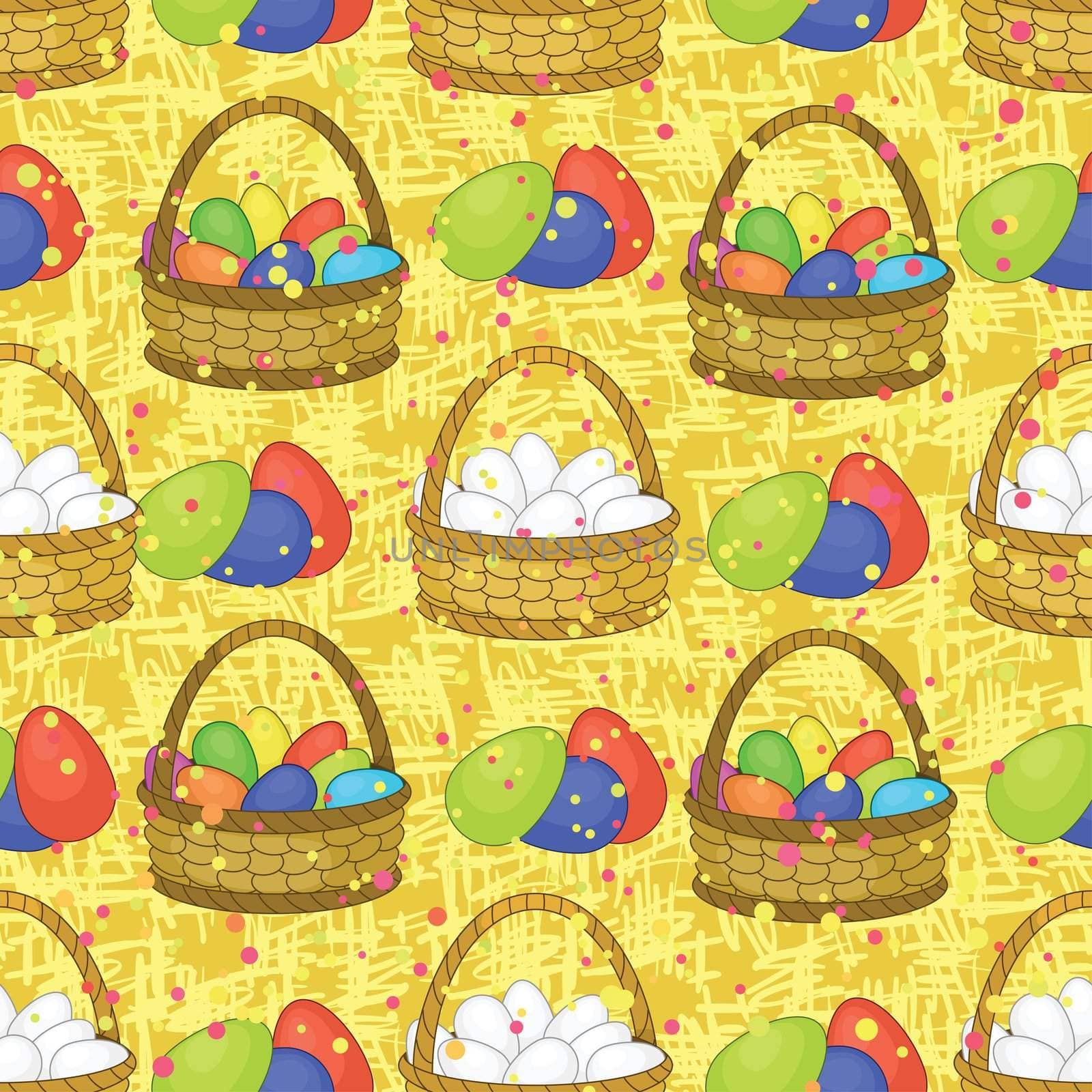 Seamless background, basket with colorful painted chicken Easter eggs.