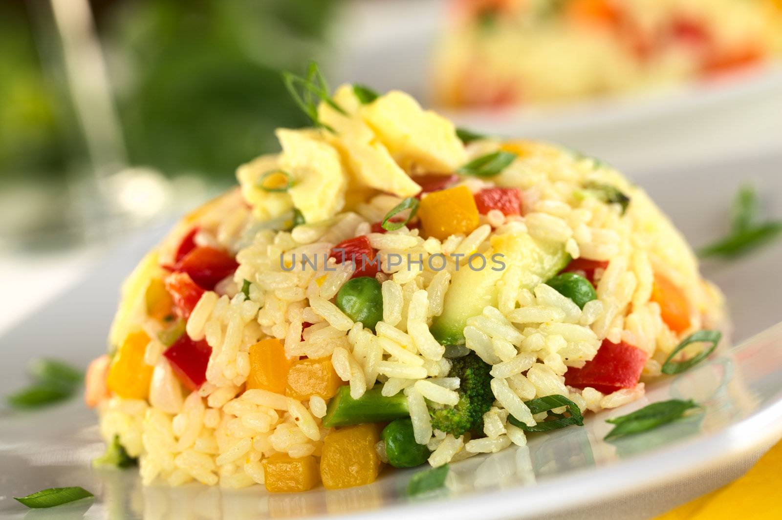 Vegetable risotto with scrambled egg on top garnished with shallot (Selective Focus, Focus on the front of the risotto pile)