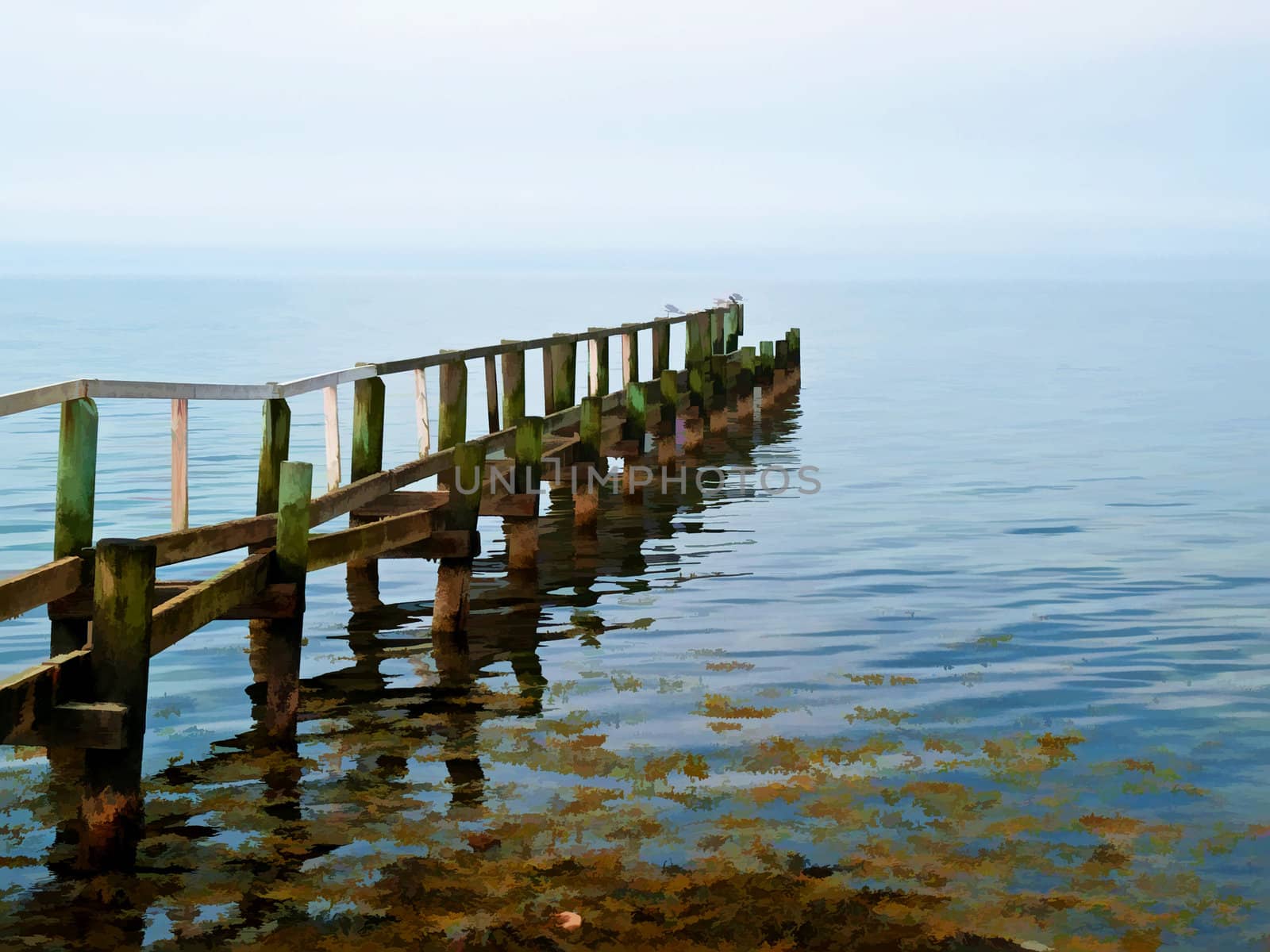 Beautiful seascape of a wooden footbridge in the middle of nowhere digital art manipulation