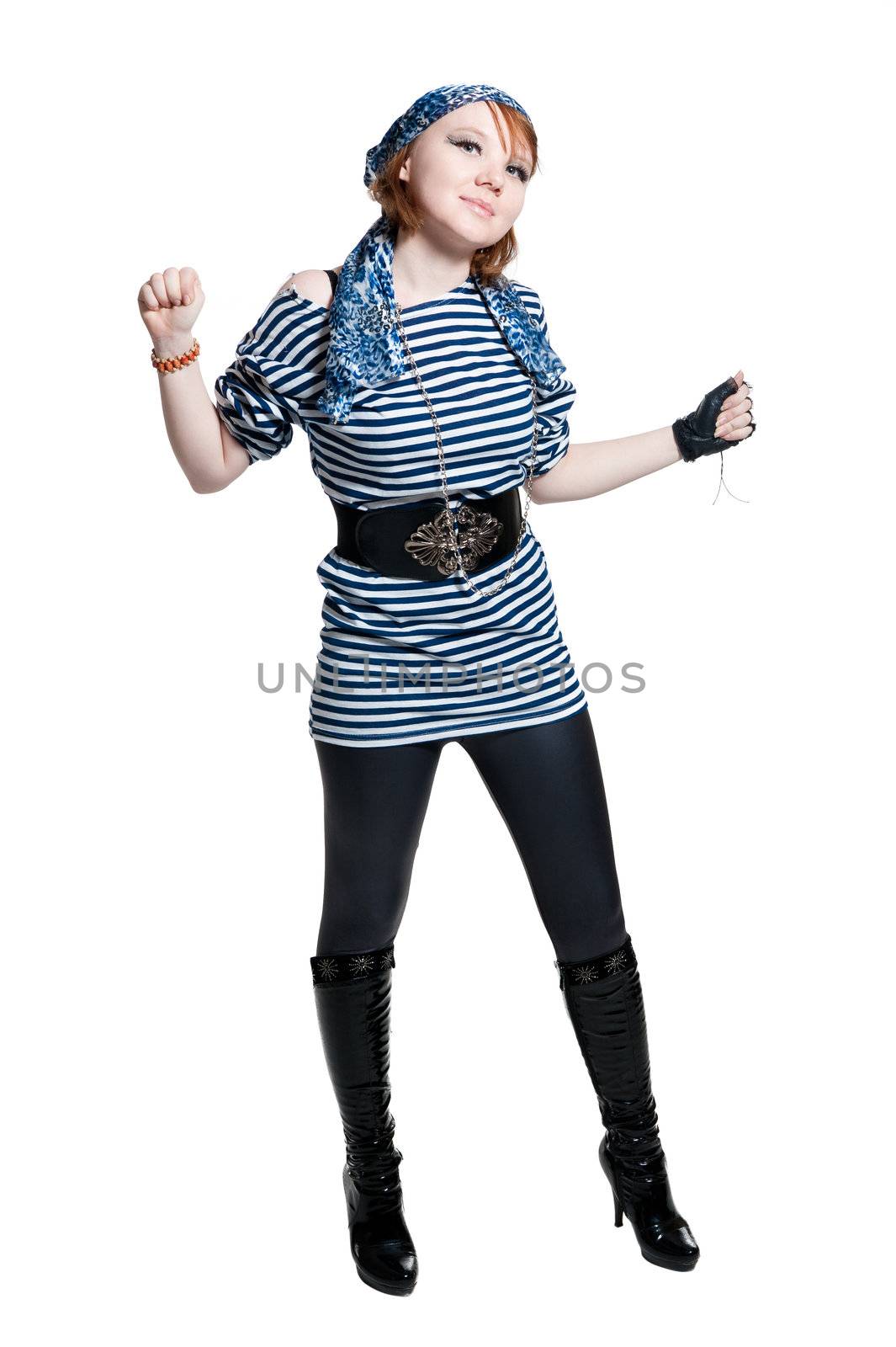 The beautiful girl dressed as the pirate isolated on white background