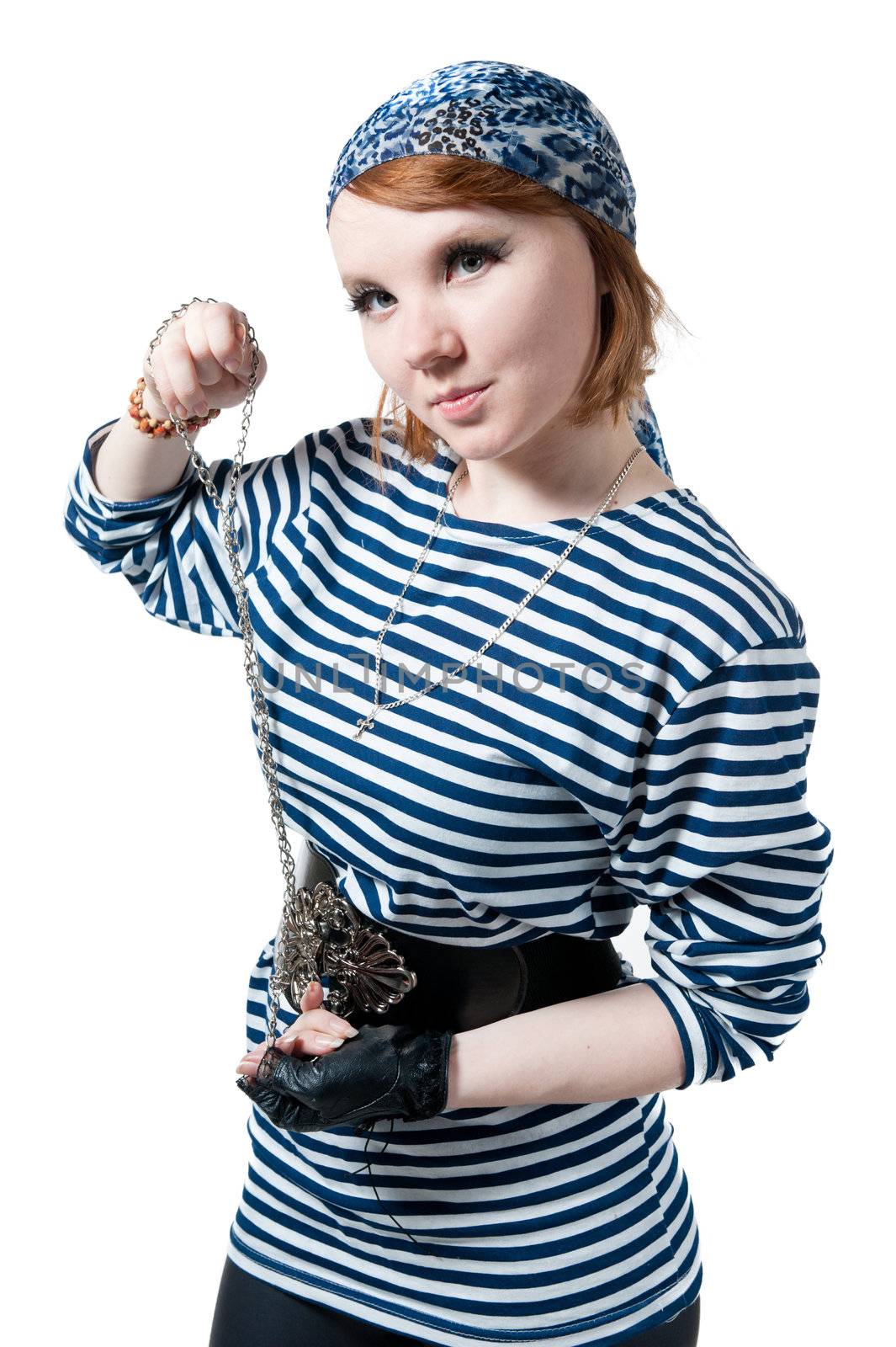 The beautiful girl dressed as the pirate isolated on white background