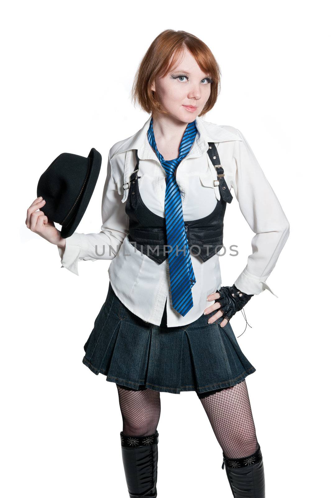 The beautiful girl dressed as the gangster isolated on white background