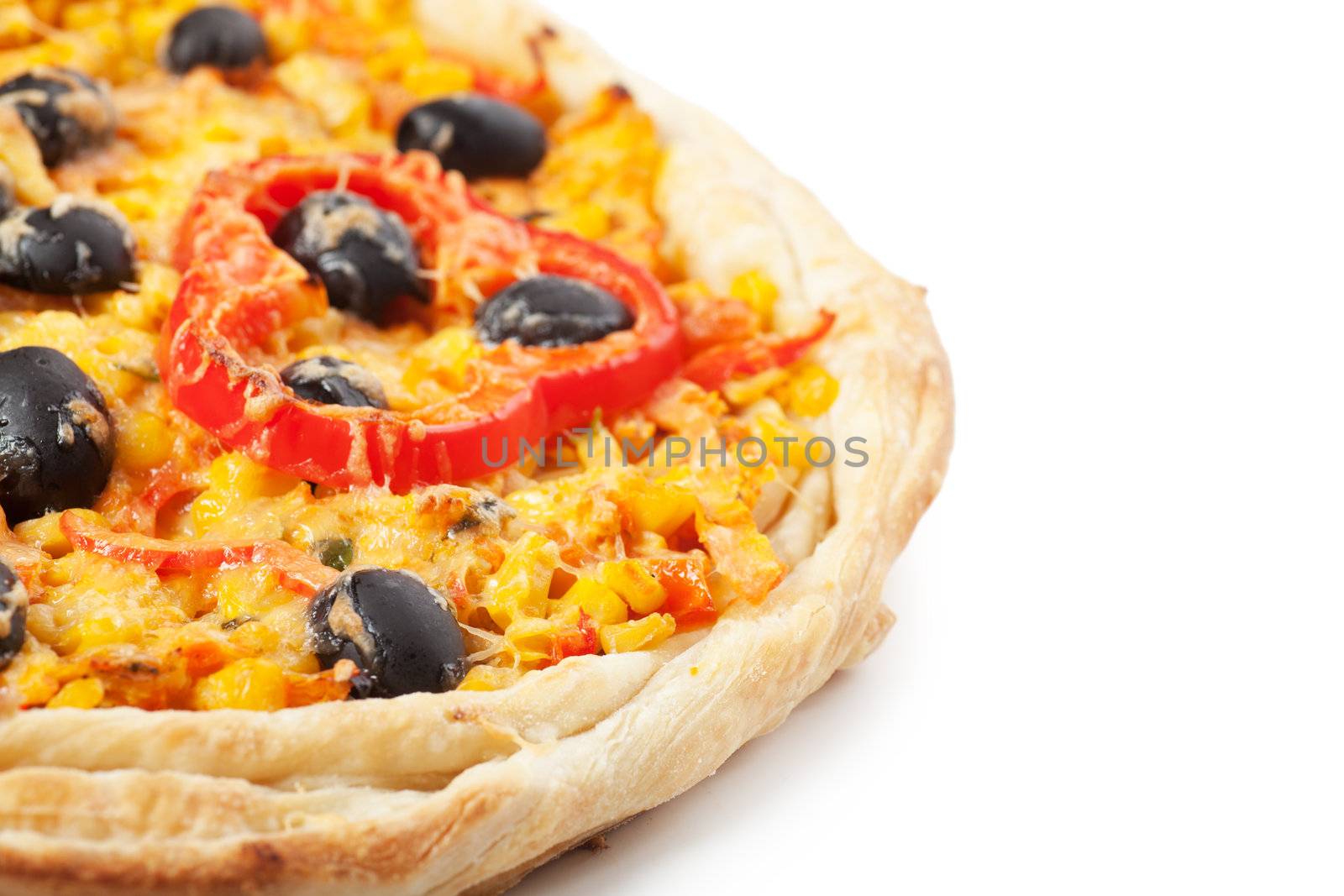 Pizza with cheese, pepper and olive over white background