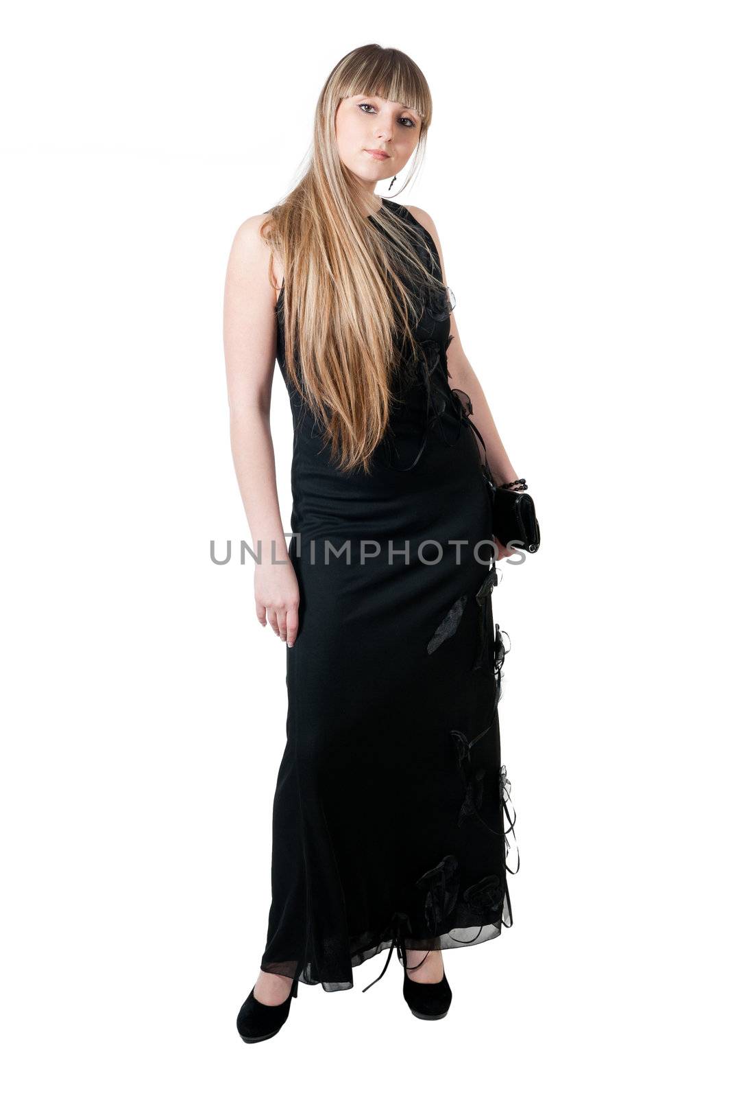 The beautiful girl in black dress isolated on white