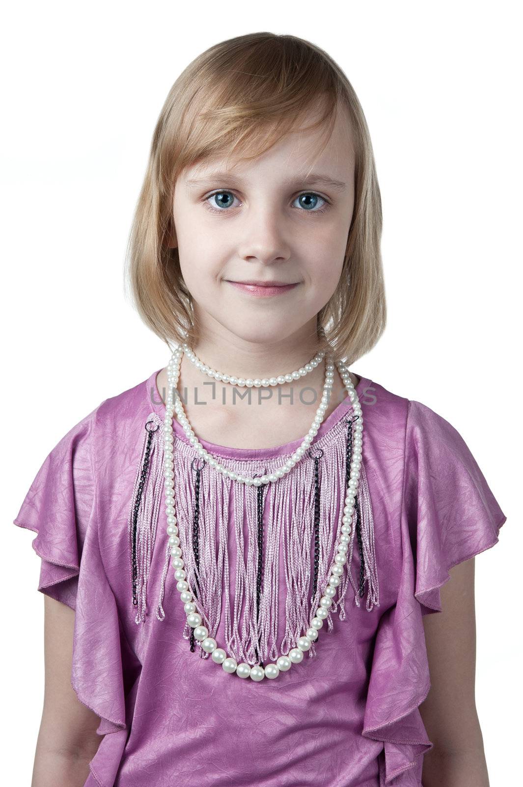 little princess in purple dress isolated on white