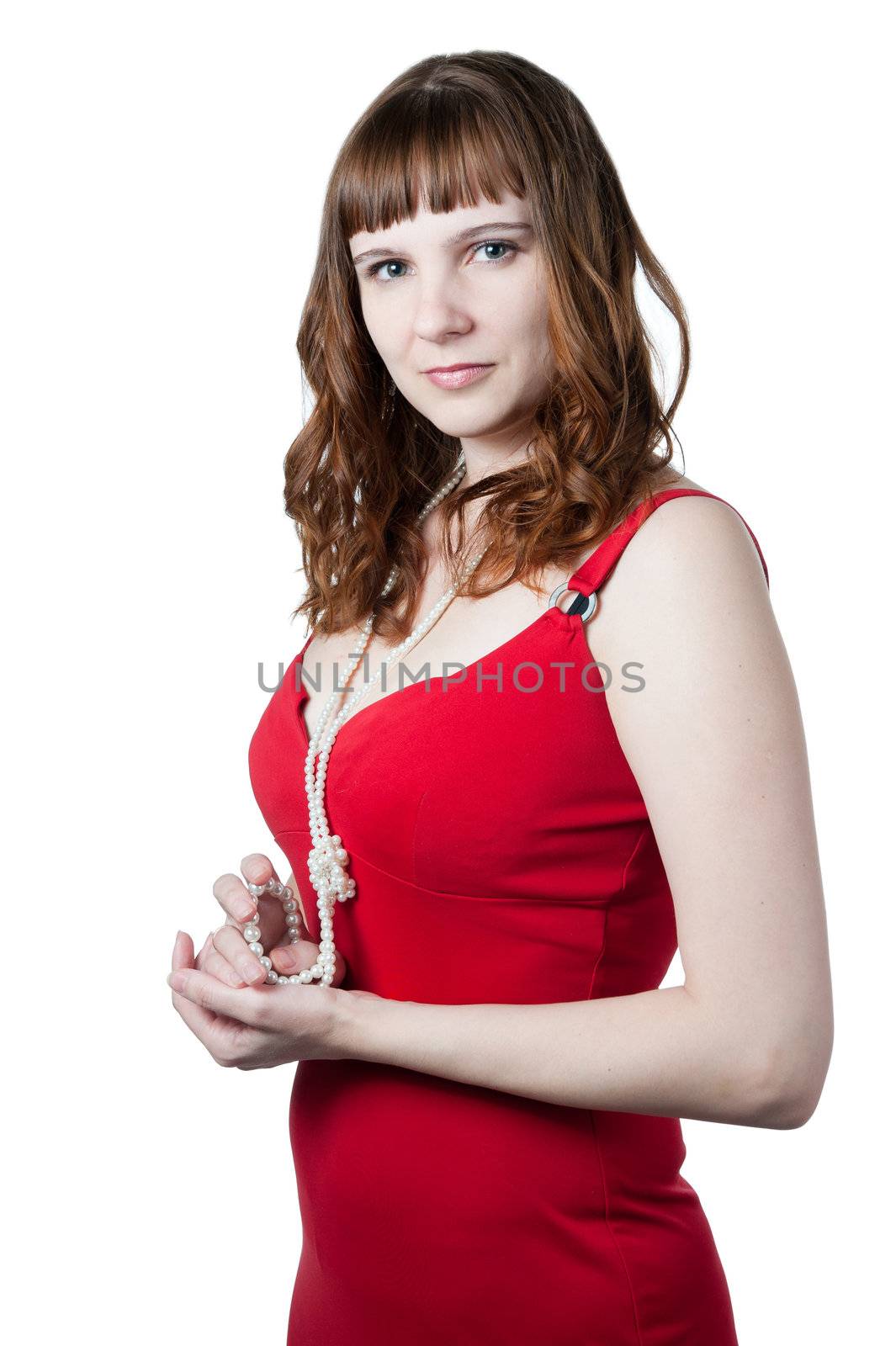 Beautiful women in red dress isolated on white background