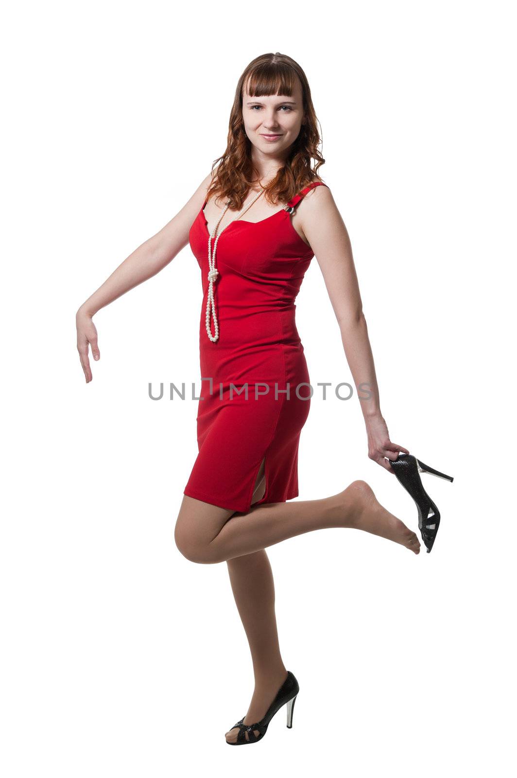 Beautiful women in red dress isolated on white background