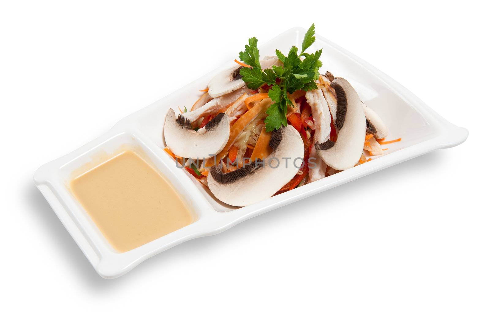 Fresh vegetable salad with smoked chicken isolated on white