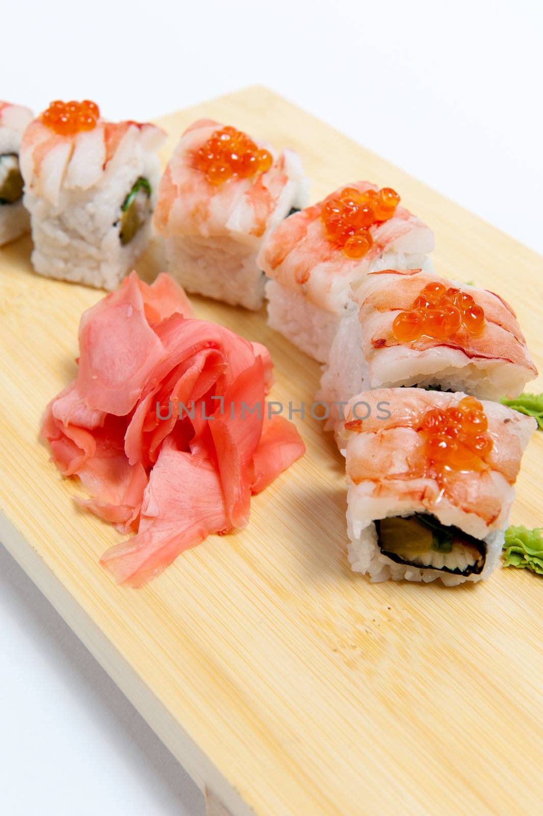 sushi with tiger shrimp isolated on white background