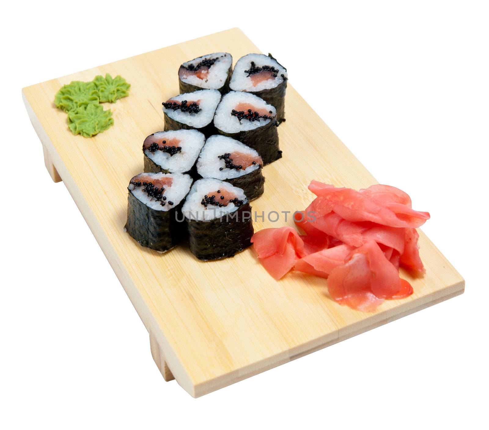 Sushi on wooden stand isolated on white background