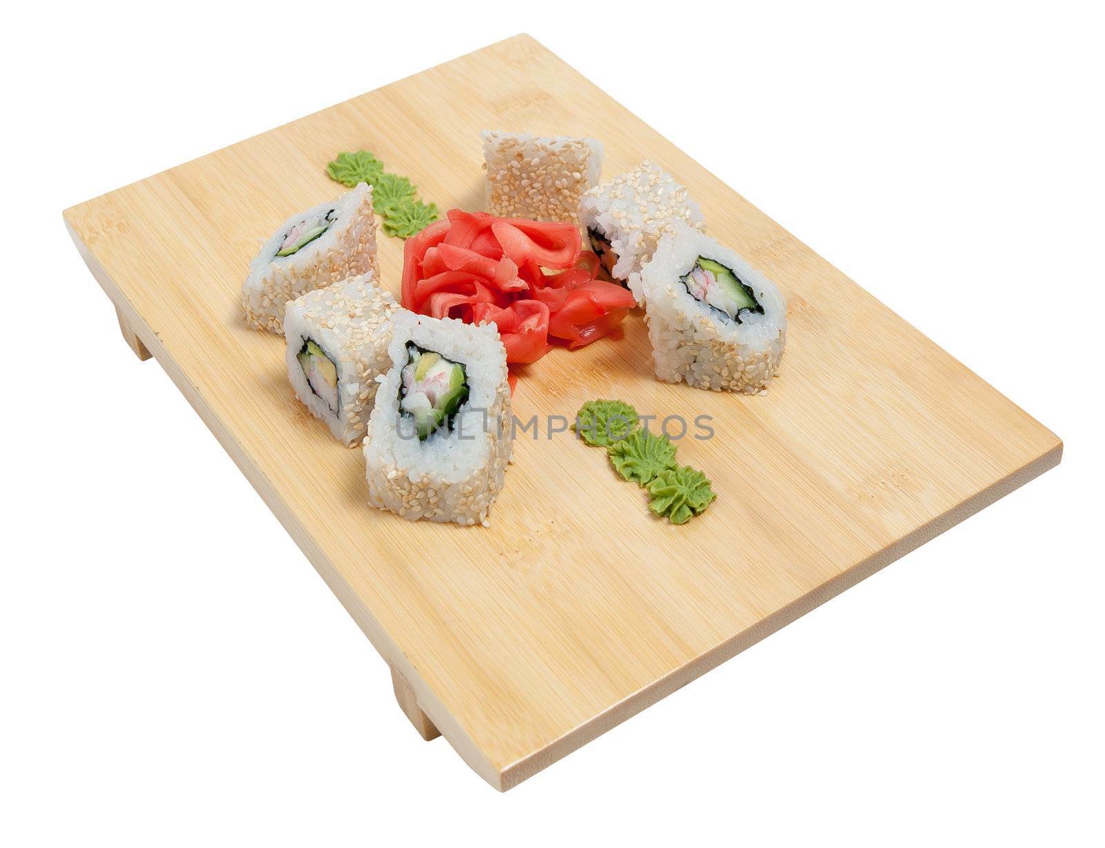 Sushi on wooden stand isolated on white background
