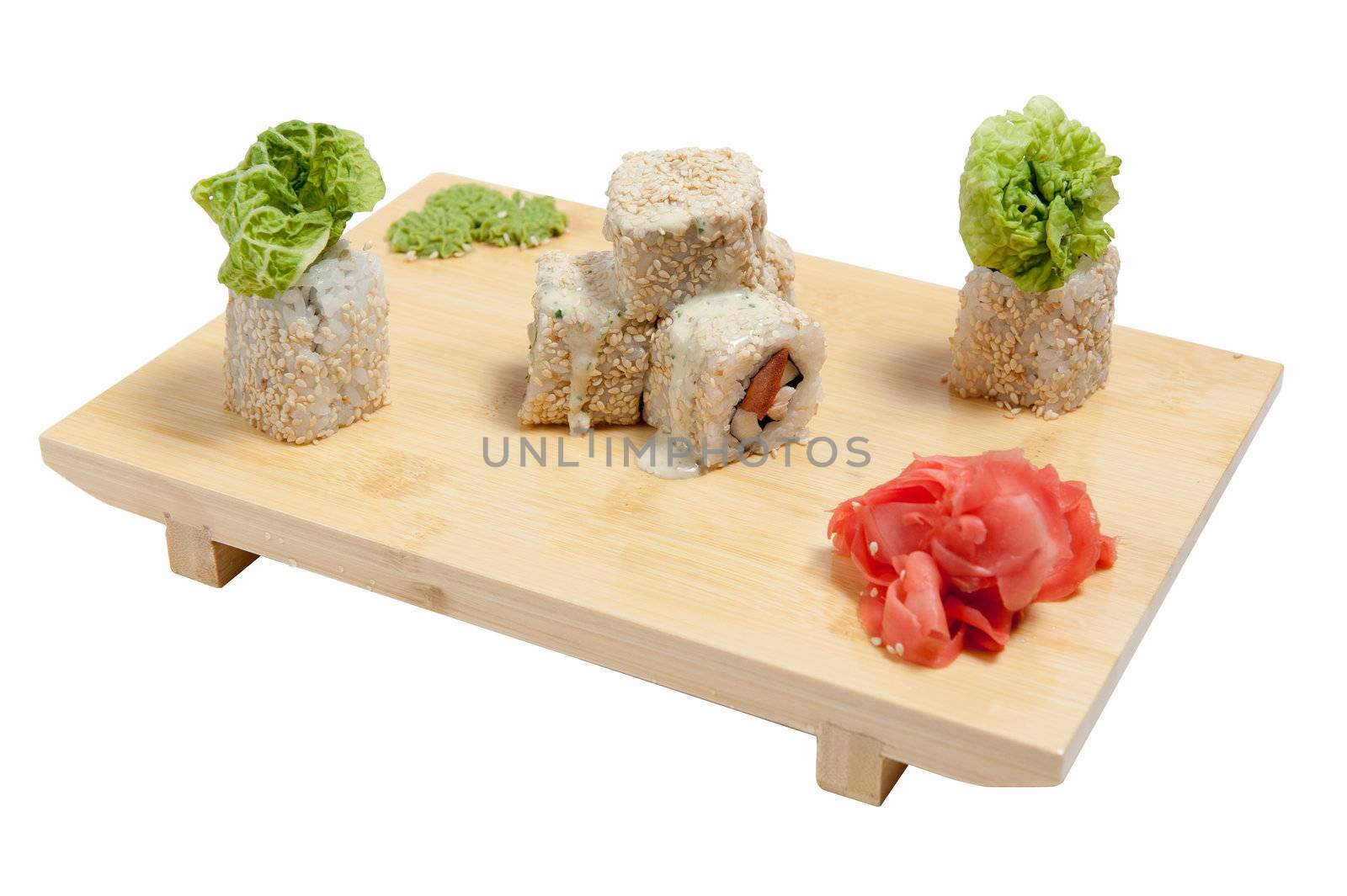 Sushi on wooden stand isolated on white background