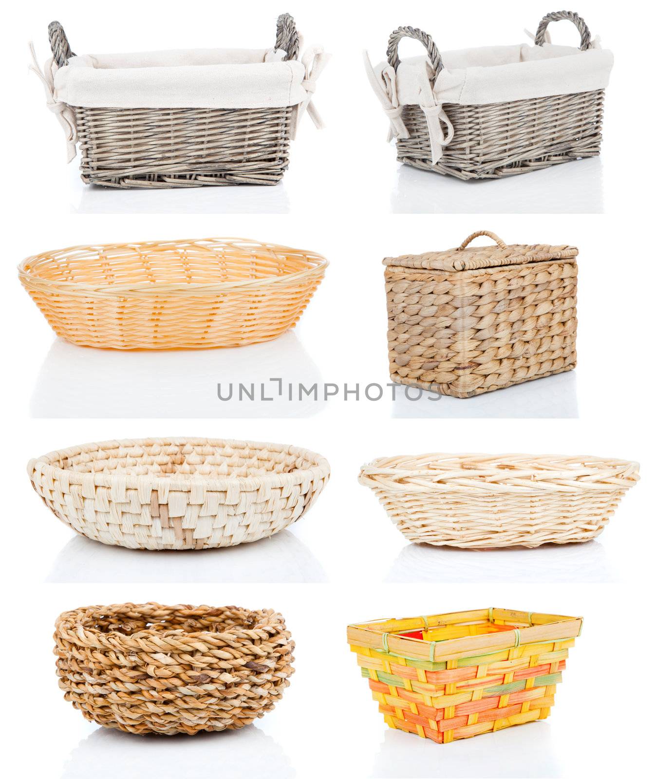 set of wooden baskets, isolated on a white background