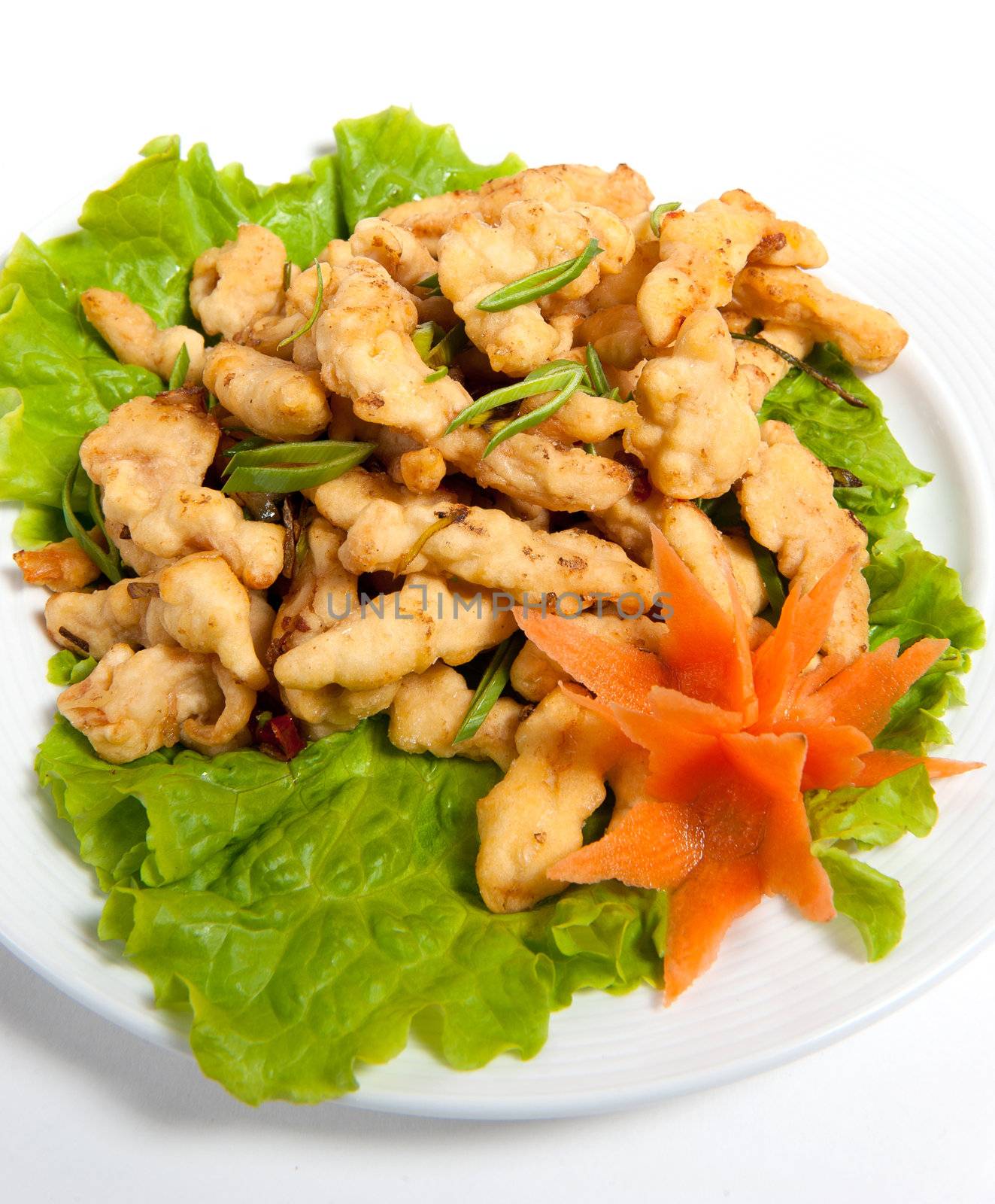 battered chicken on a plate isolated on white