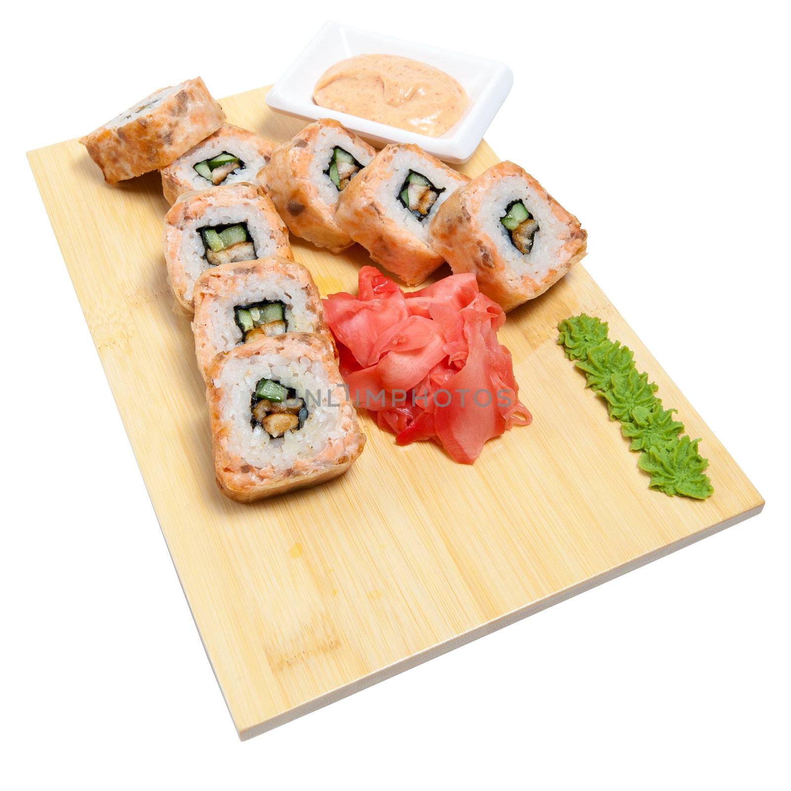 rolled sushi on wooden stand isolated on white background