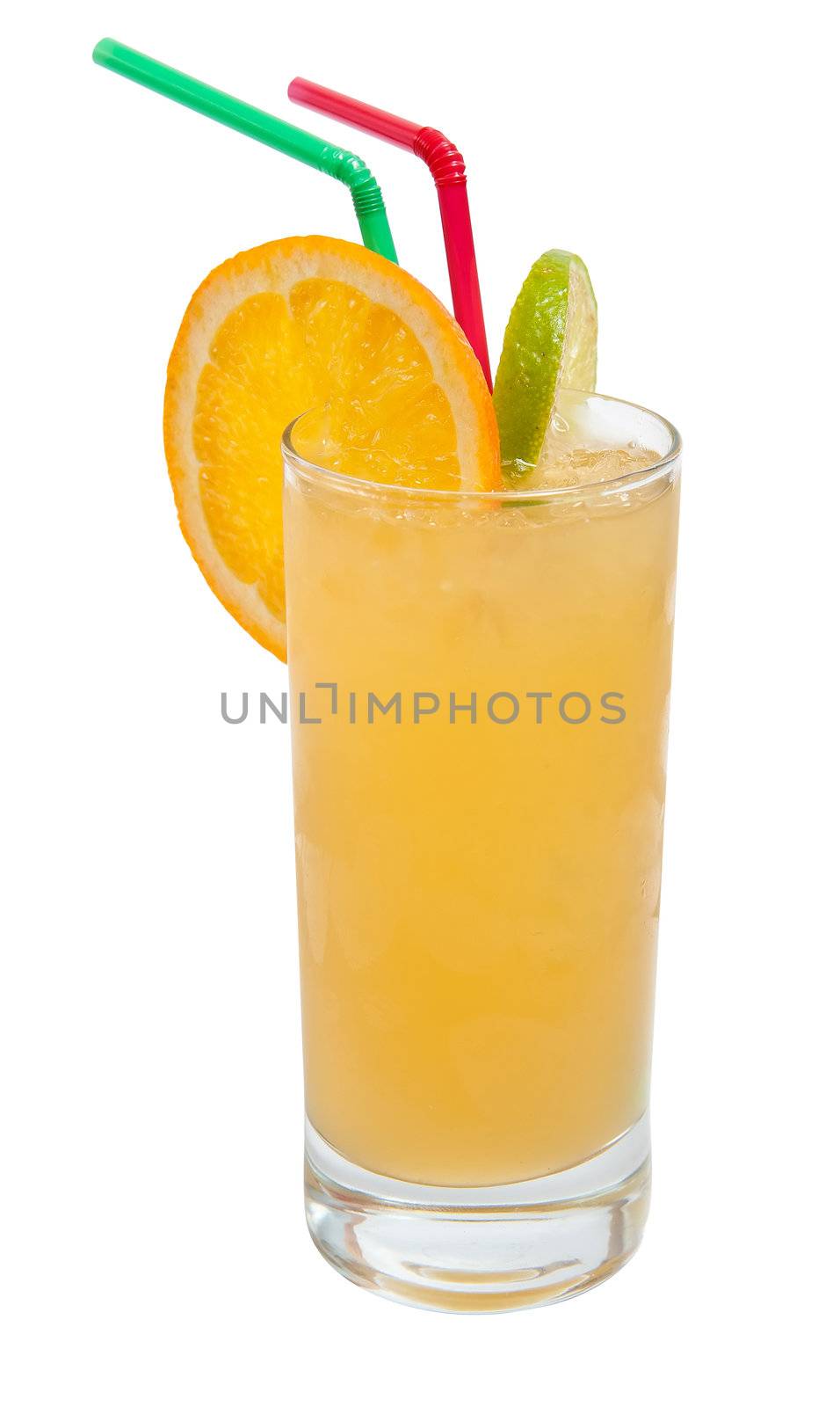 Fresh orange juice with ice isolated on white background