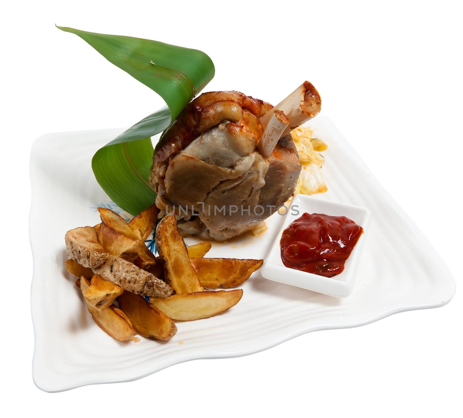 pork shank with potatoes and sauce isolated on white background