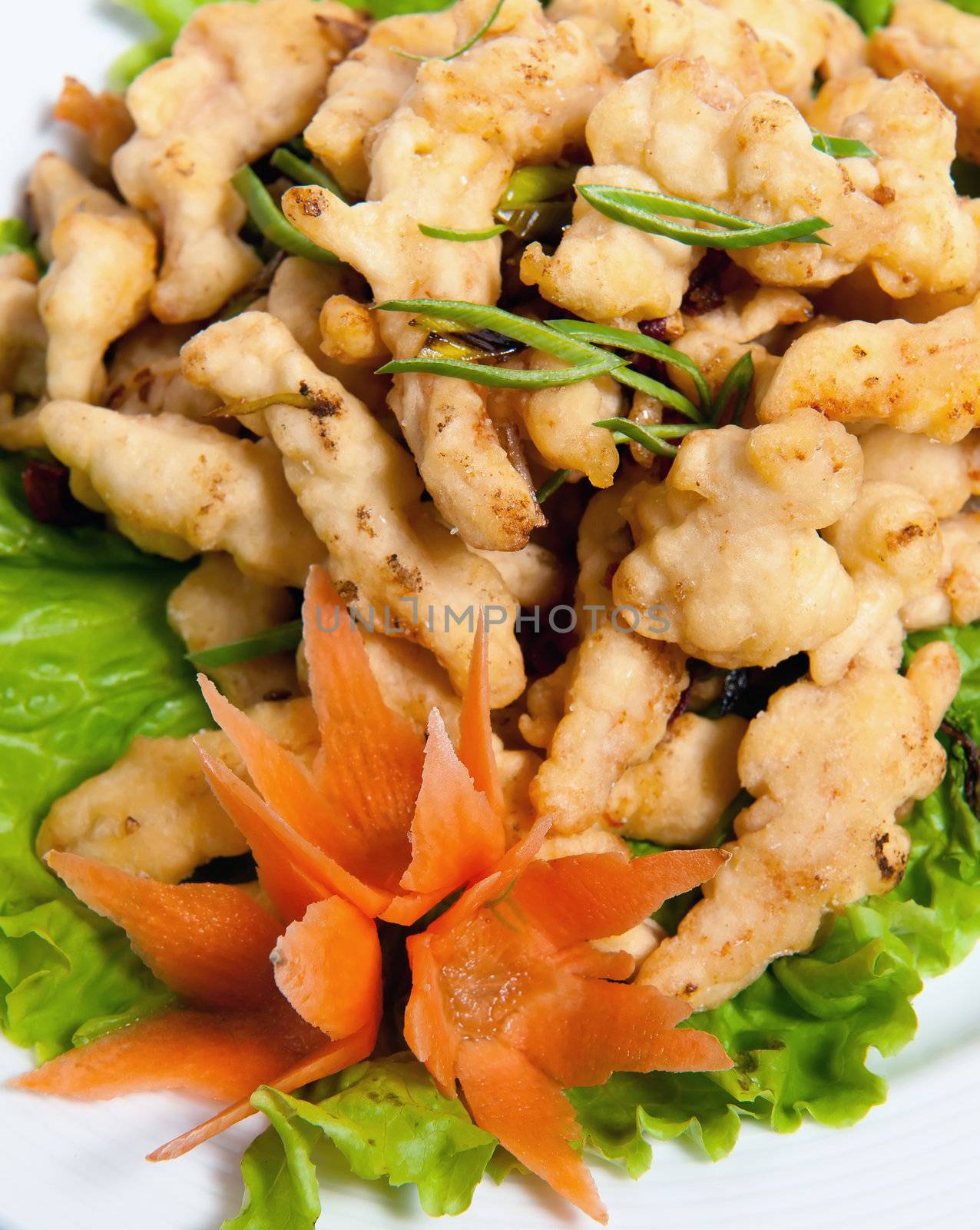 battered chicken on a plate isolated on white