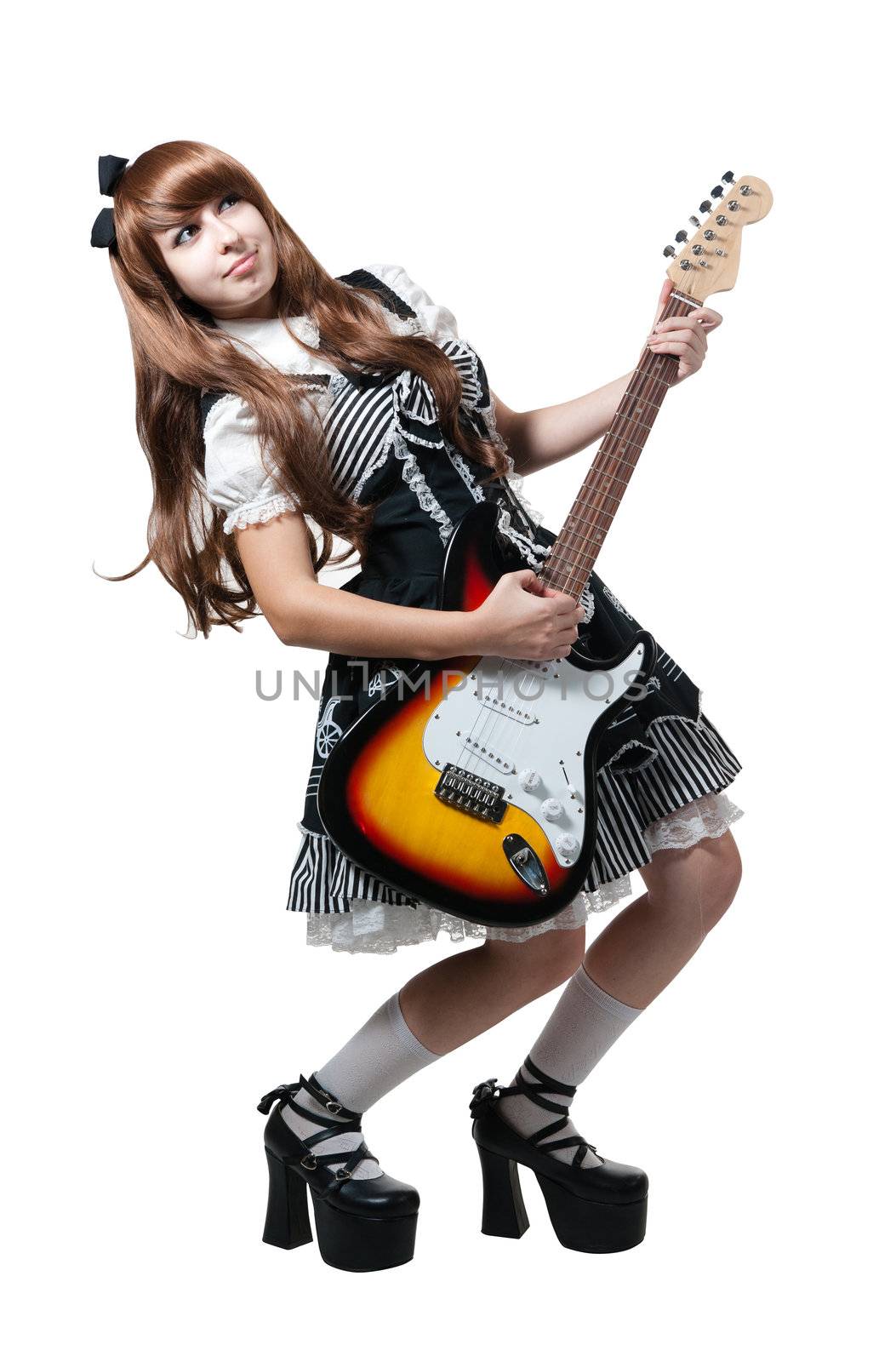 Cosplay girl in black dress isolated on white