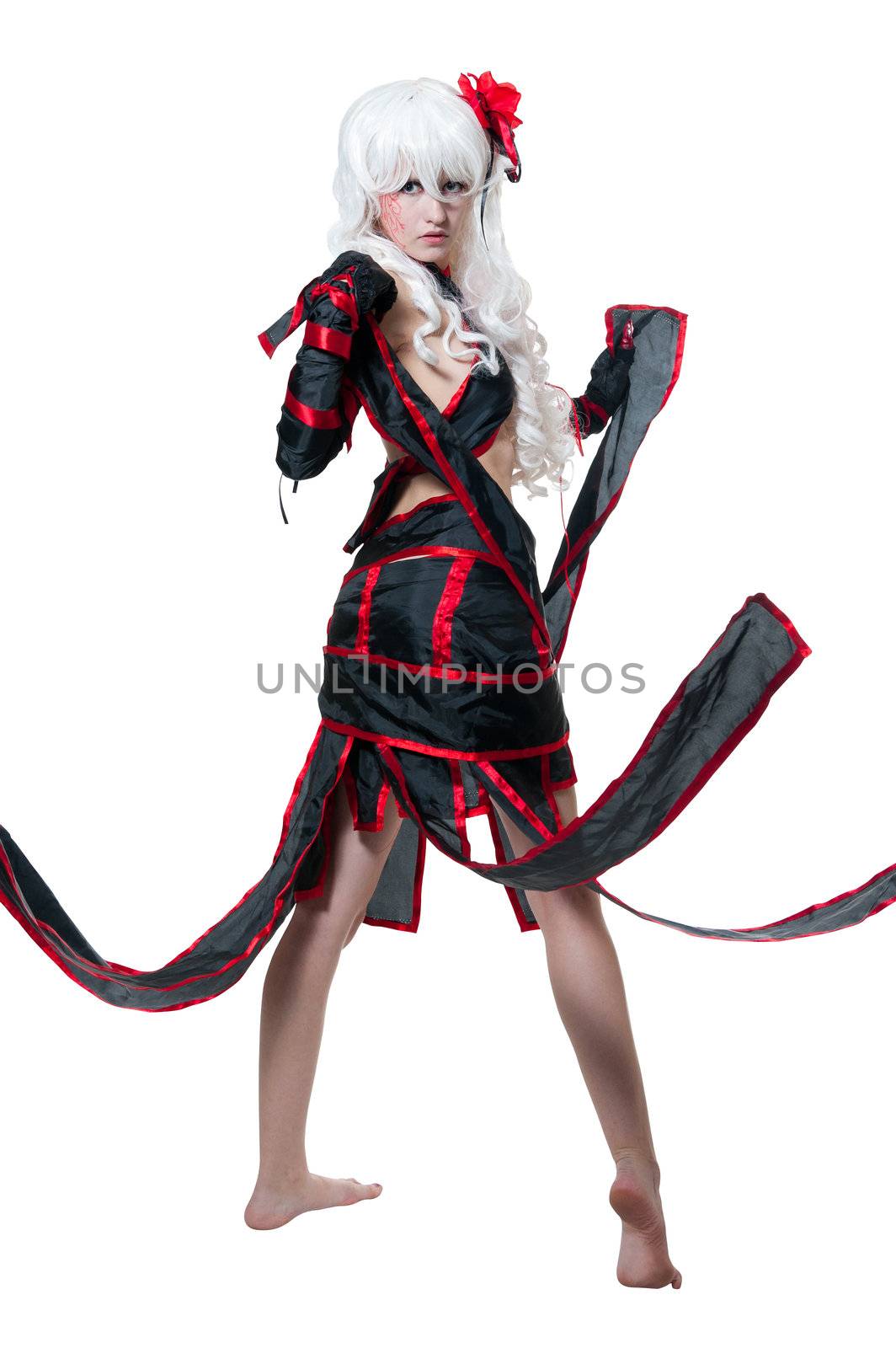 Girl in manga style suit on white