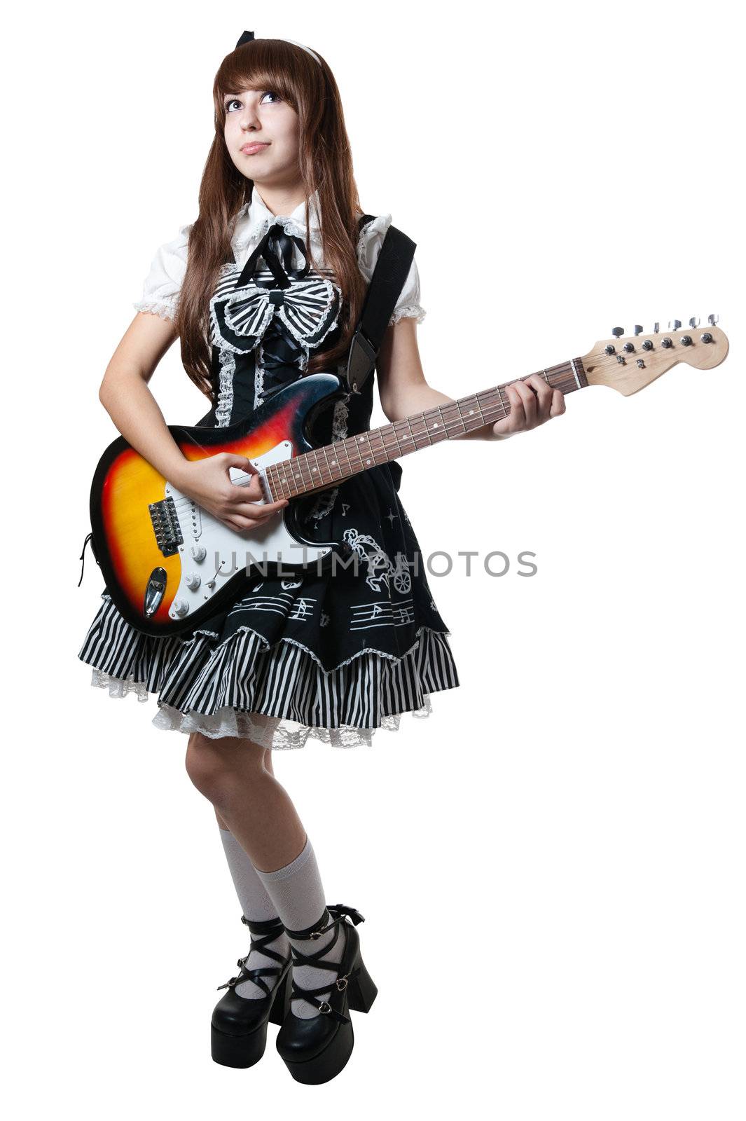 Cosplay girl in black dress isolated on white
