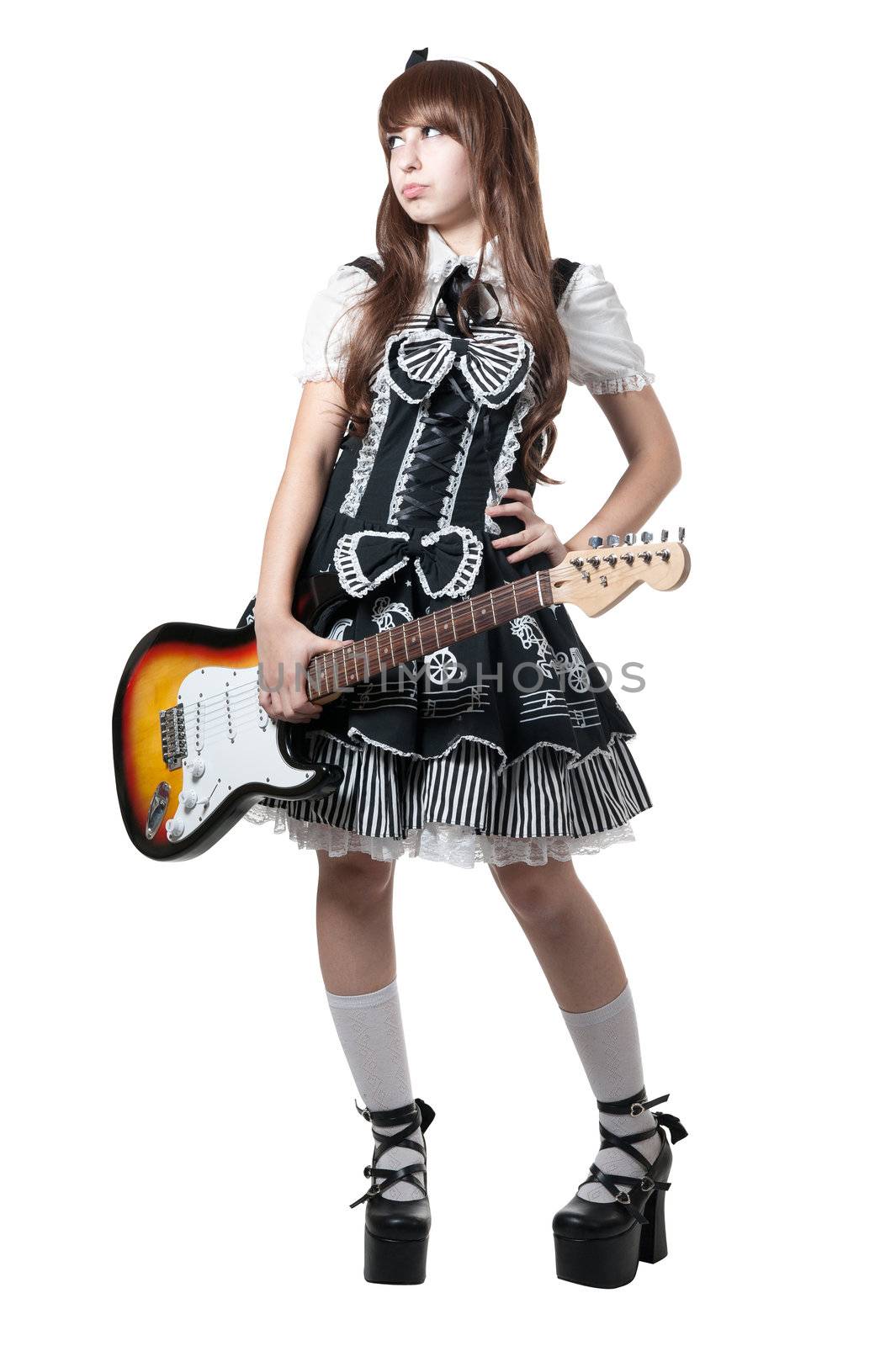 Cosplay girl in black dress isolated on white