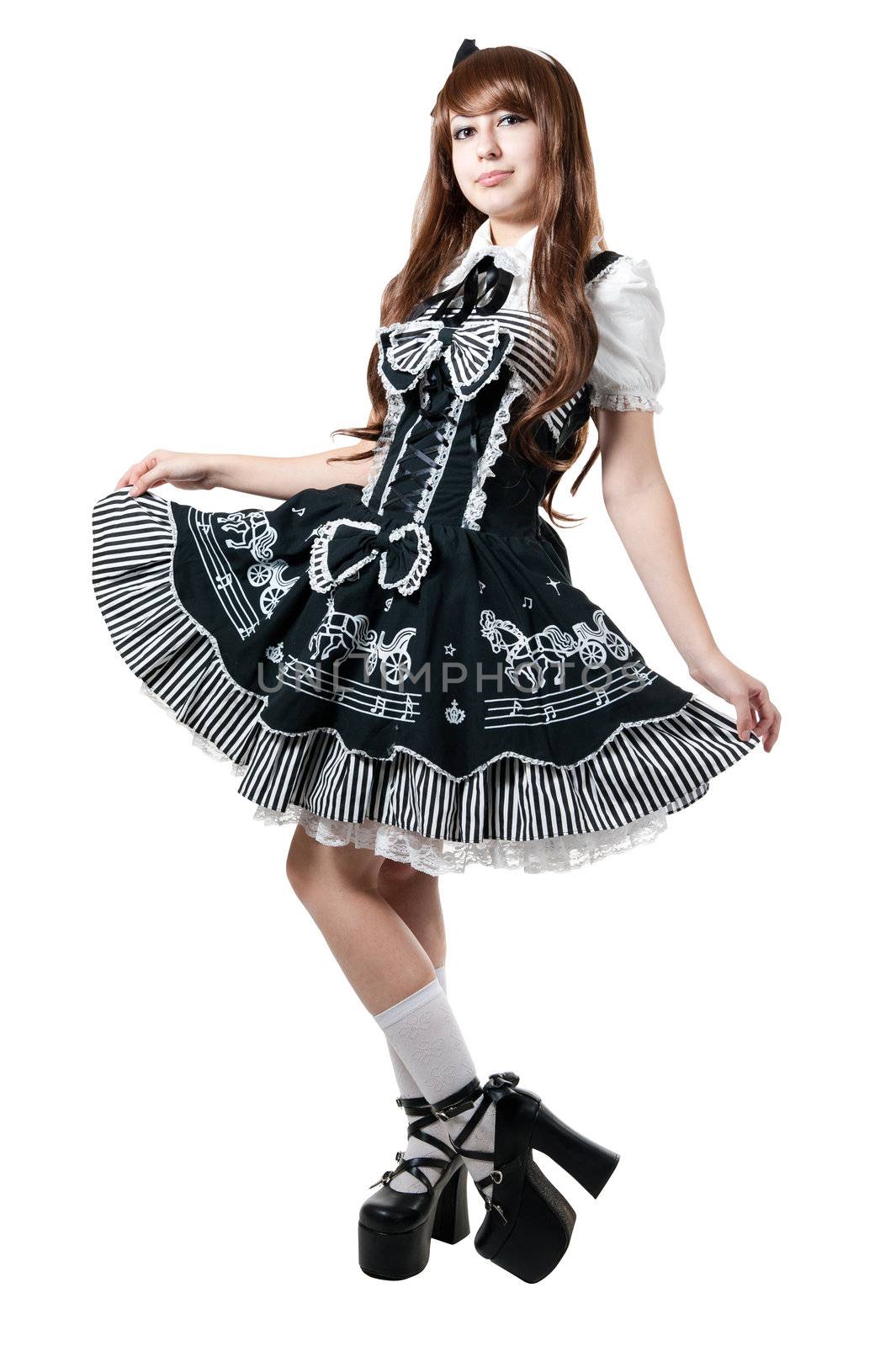Cosplay girl in black dress isolated on white