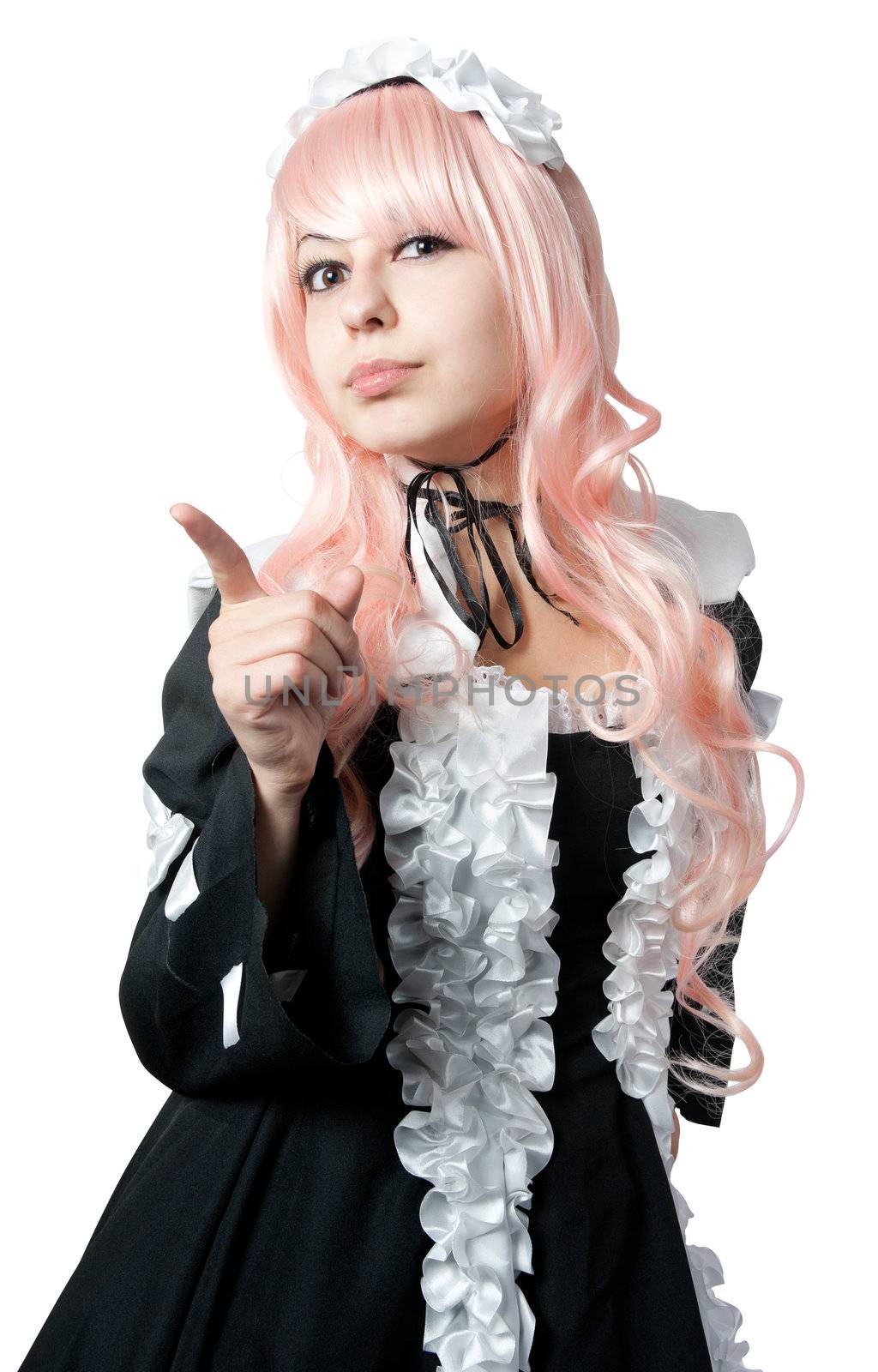 Cosplay girl in black dress isolated on white background
