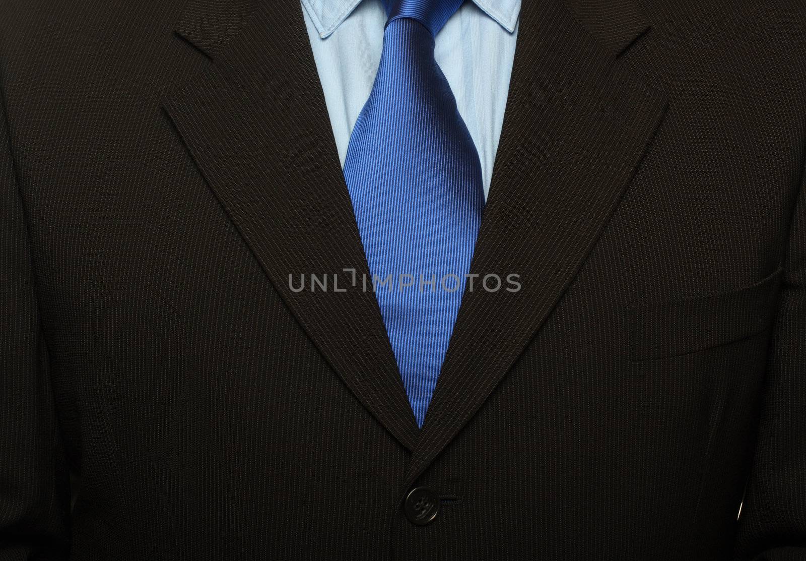 cropped shot of torso part of a man in black suit and blue tie