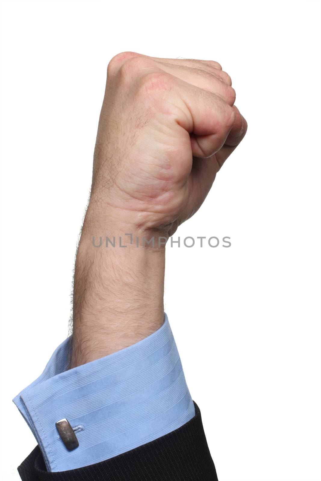 A clenched fist isolated on white, arm in business suit