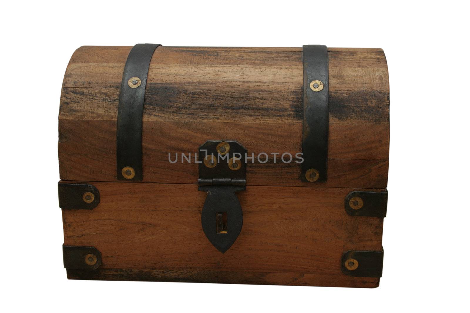 closed treasure chest made of wood with iron bindings