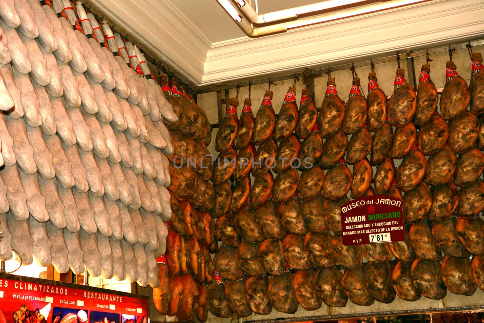 Huge assortment of spanish jamon at various price and quality points.