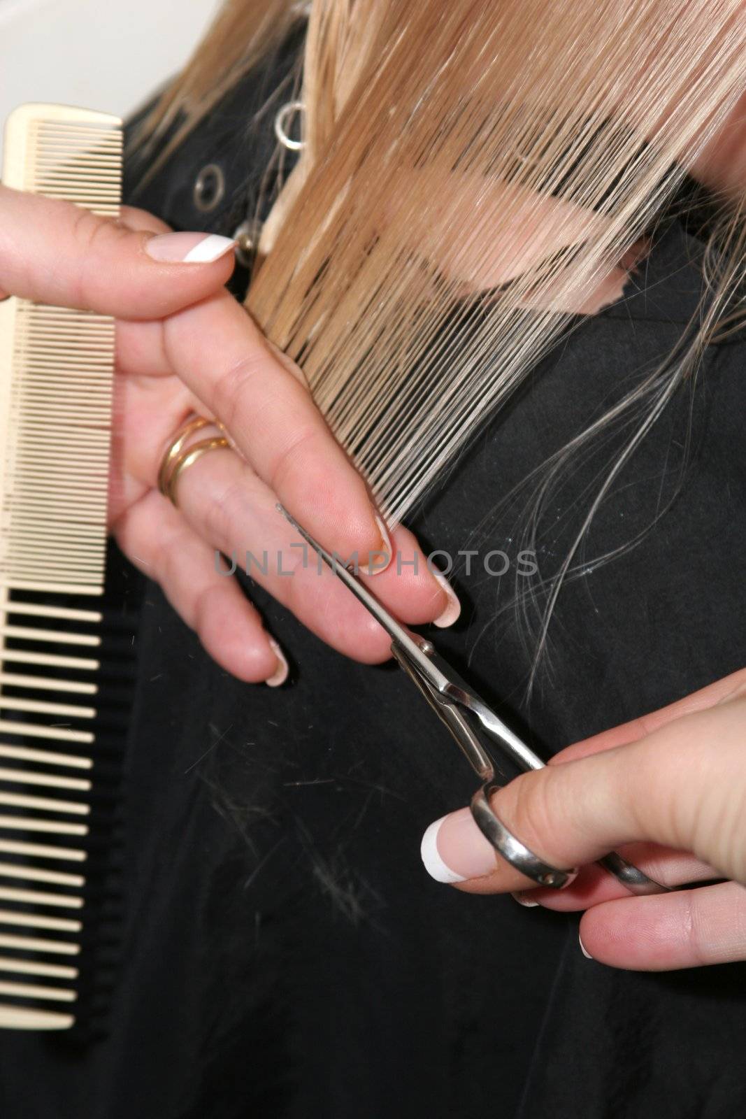 professional hairdresser cutting long blond hair on a small girl