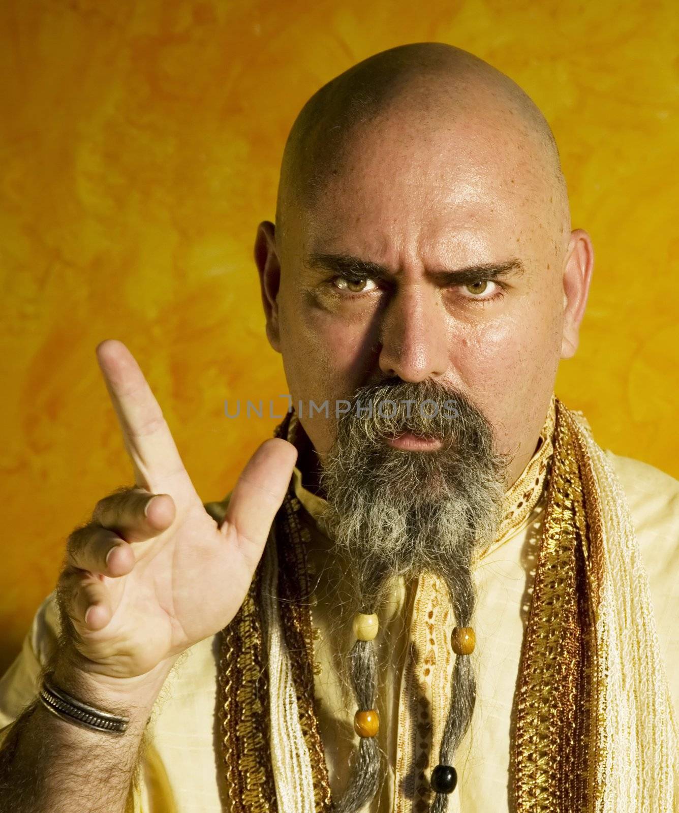 Funny bald guru with a long beaded beard.