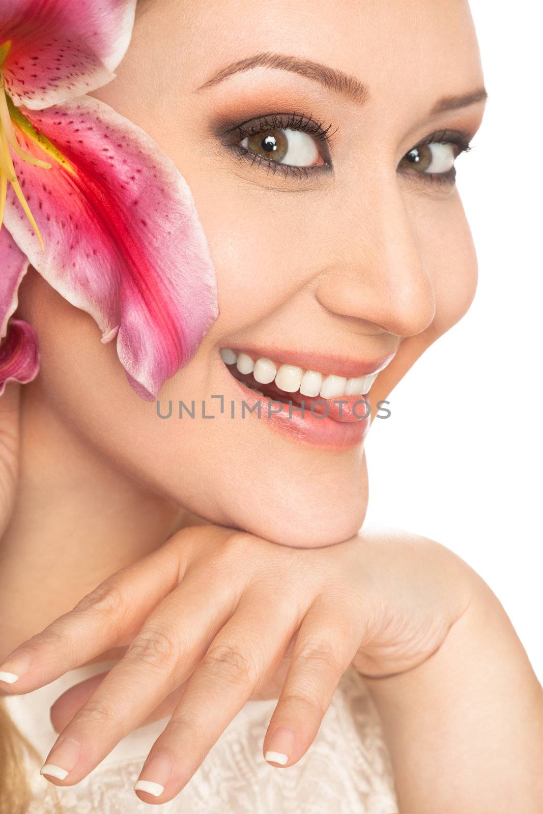 Beautiful xxl woman face smiling with tongue out, hand under chin and rose lily in hair