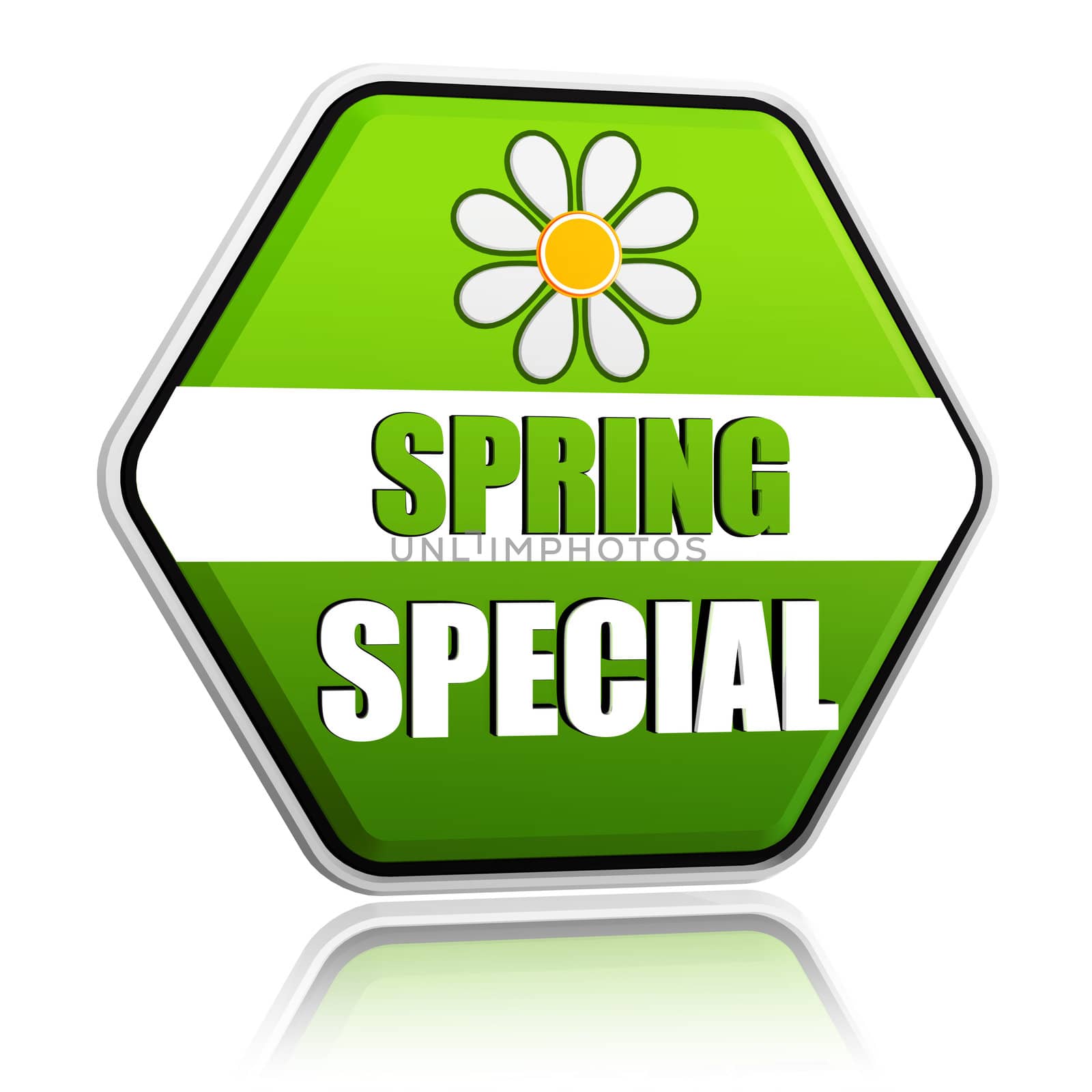 spring special banner - 3d green hexagon label with white text and flower, business sale concept