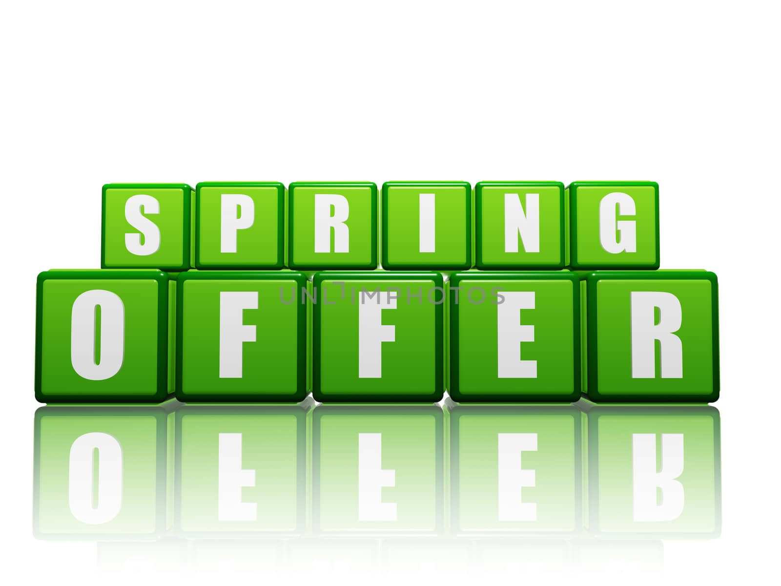 spring offer boxes - text in 3d green cubes with letters, business marketing concept