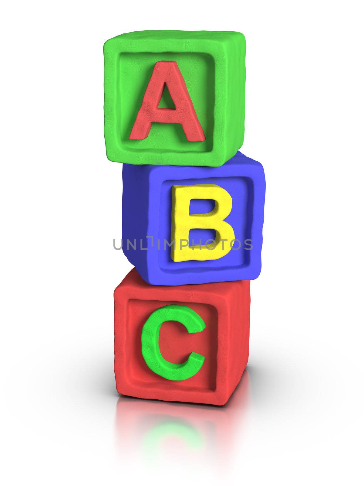 3D rendered play block abc made with plasticine material.