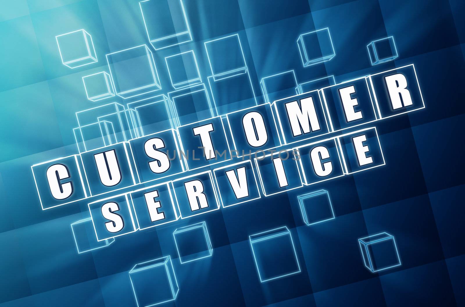 customer service - text in 3d blue glass cubes with white letters, business concept